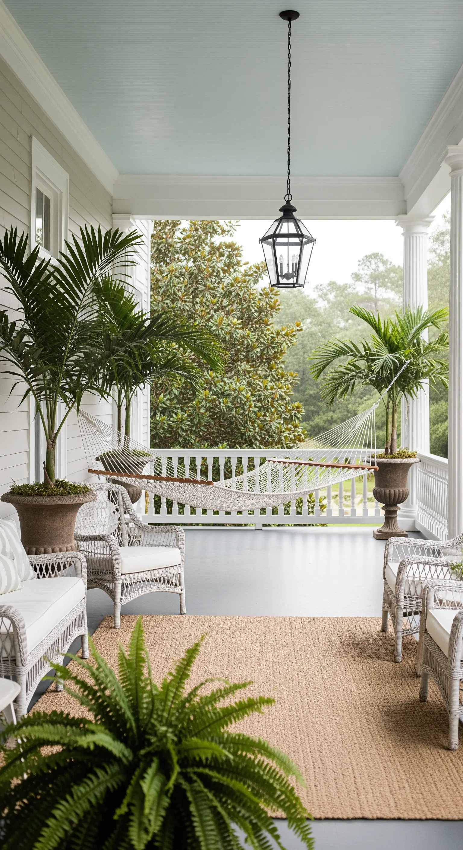 Portico elegante con mobili in vimini bianco e soffitto dipinto di azzurro.