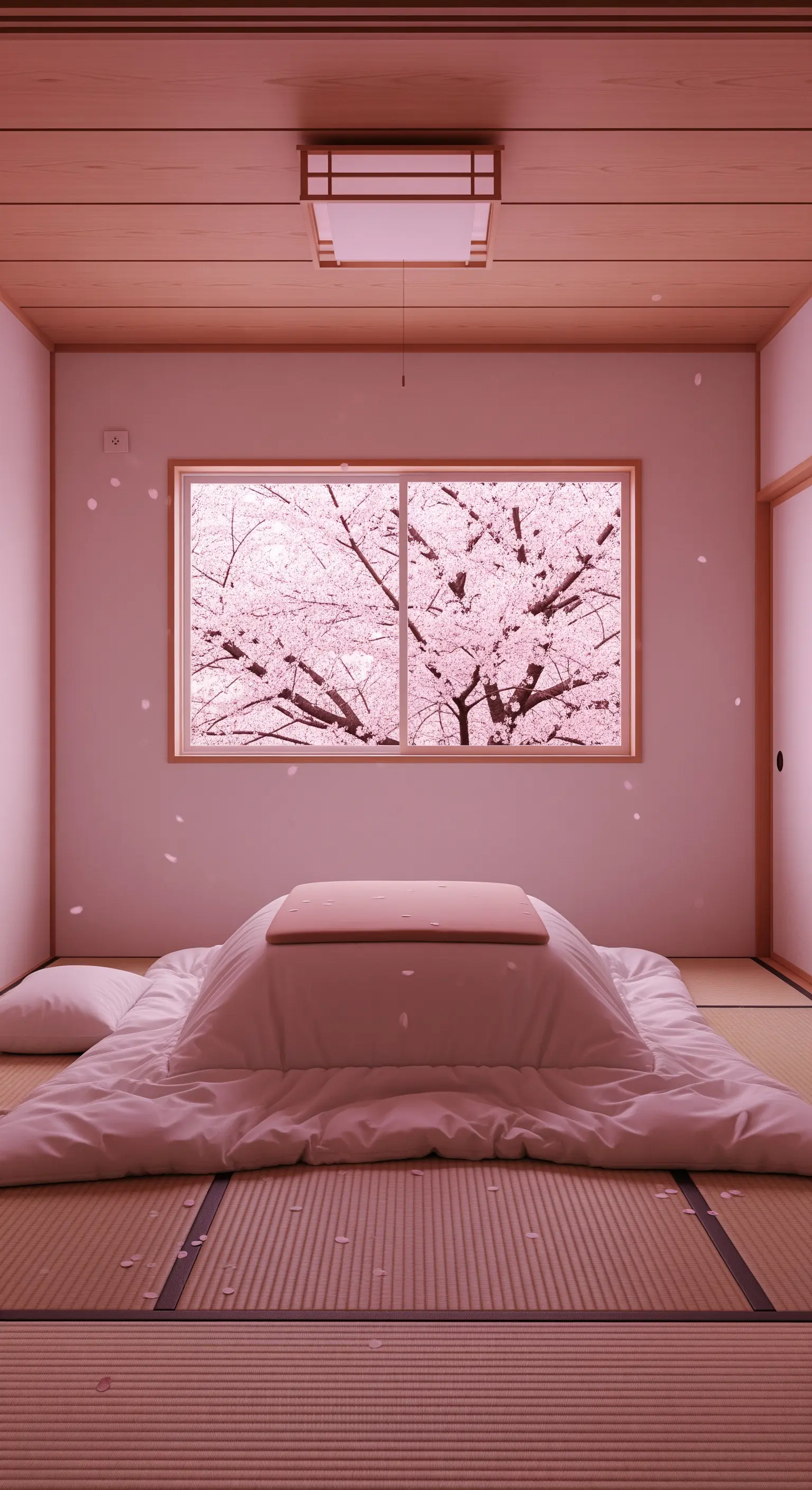 Stanza rosa con futon e kotatsu, con vista su alberi di ciliegio in fiore.