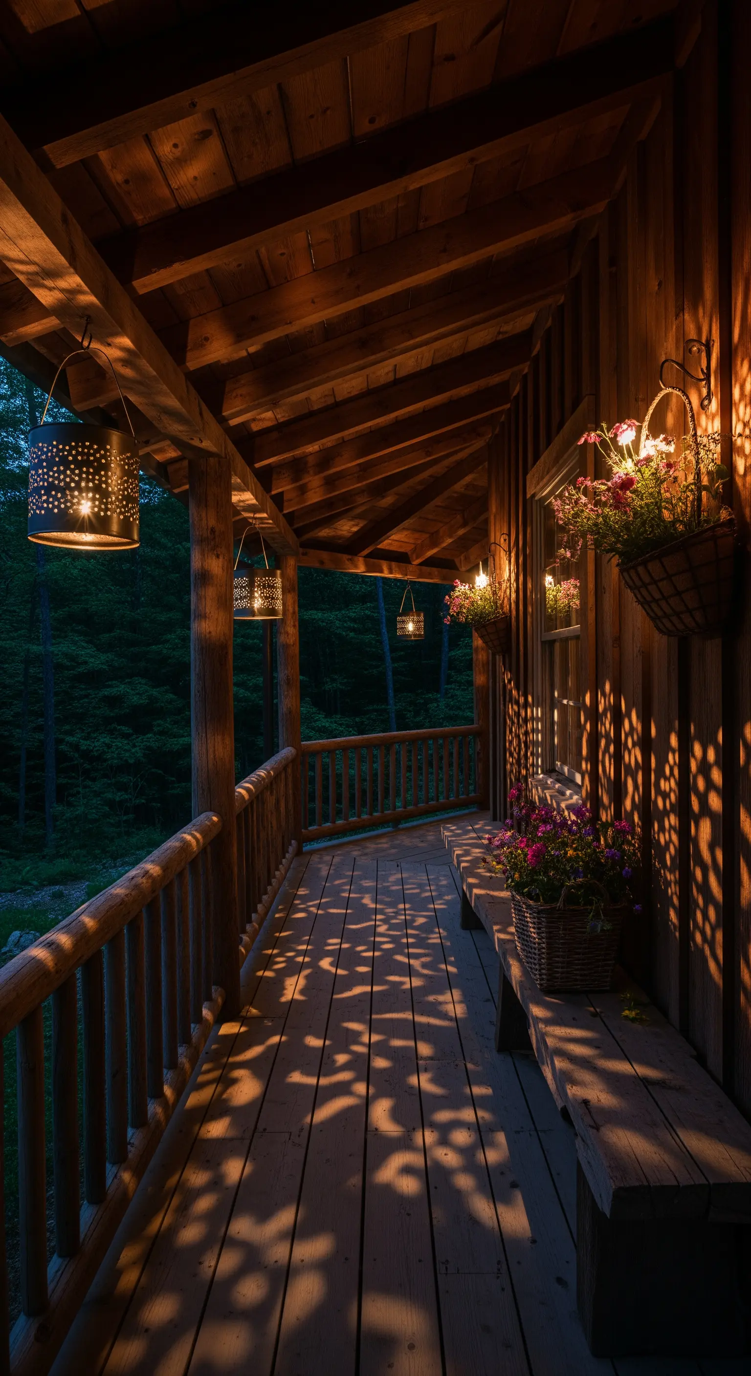 Portico di una baita in legno con panca e lanterne traforate che proiettano ombre suggestive