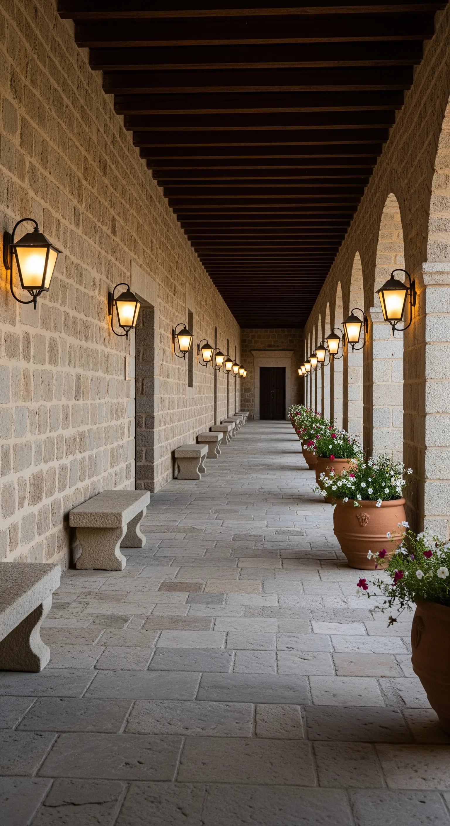 Lungo corridoio esterno con archi, panche in pietra e applique a muro che creano una prospettiva