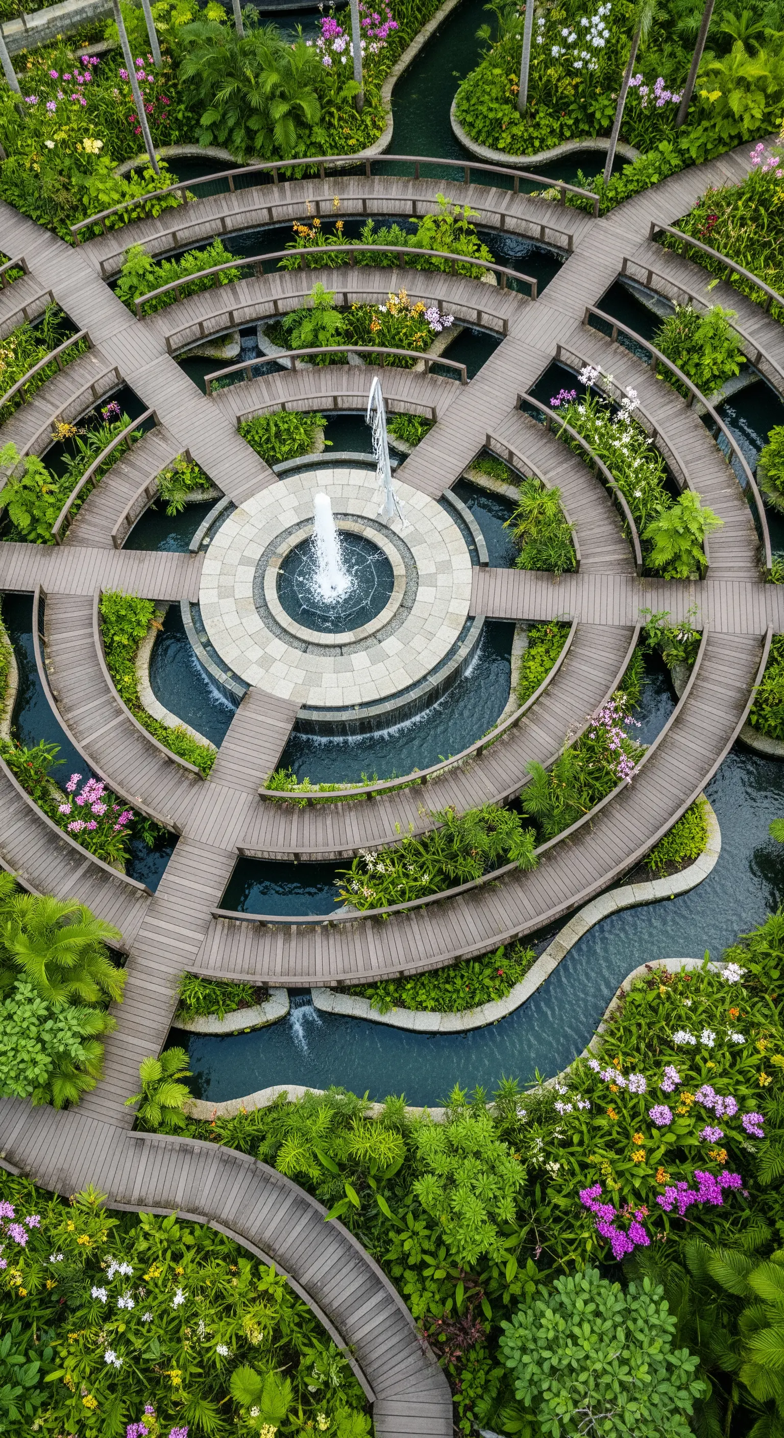 Vista aerea di un giardino con passerelle circolari in legno, canali d'acqua e aiuole fiorite.