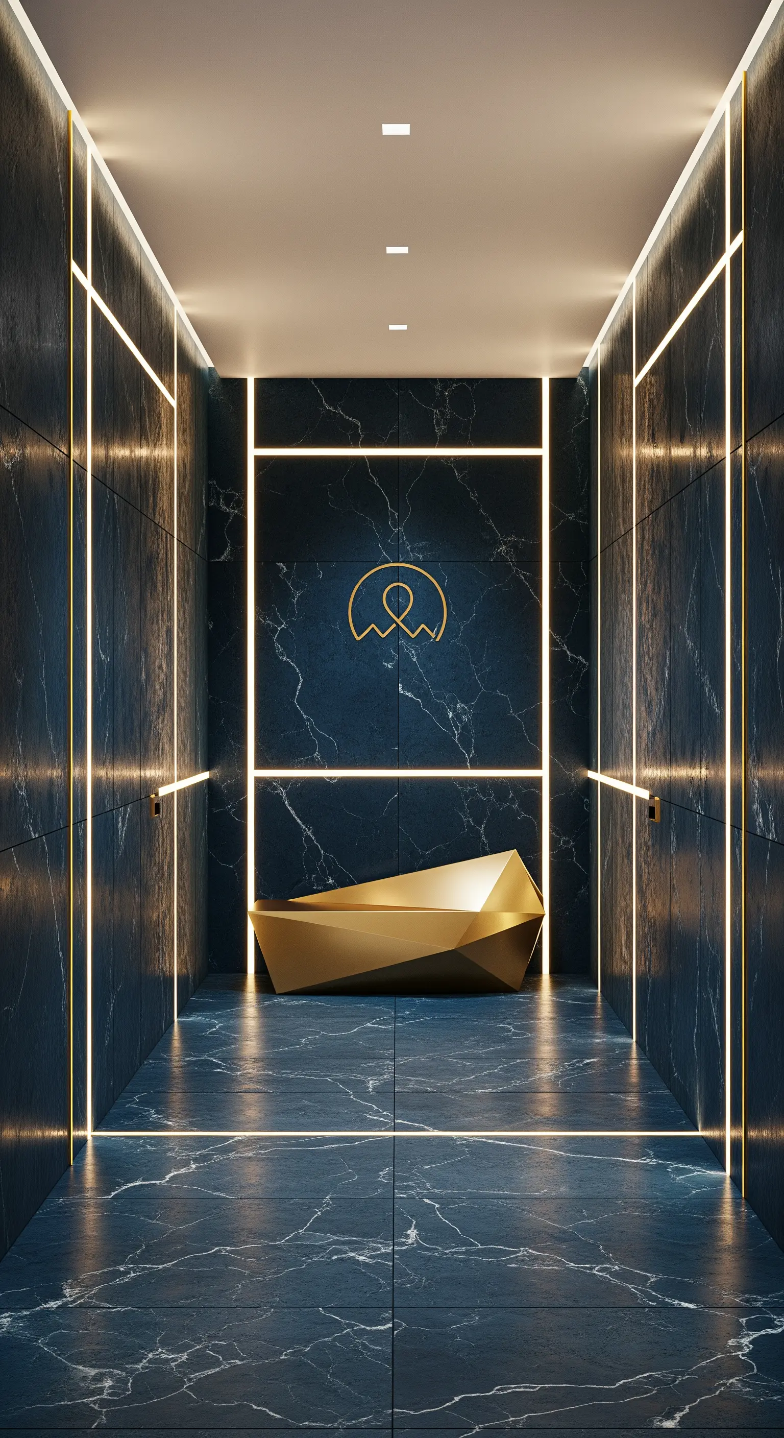 Corridoio futuristico in marmo blu con linee di luce a LED integrate e panca dorata.