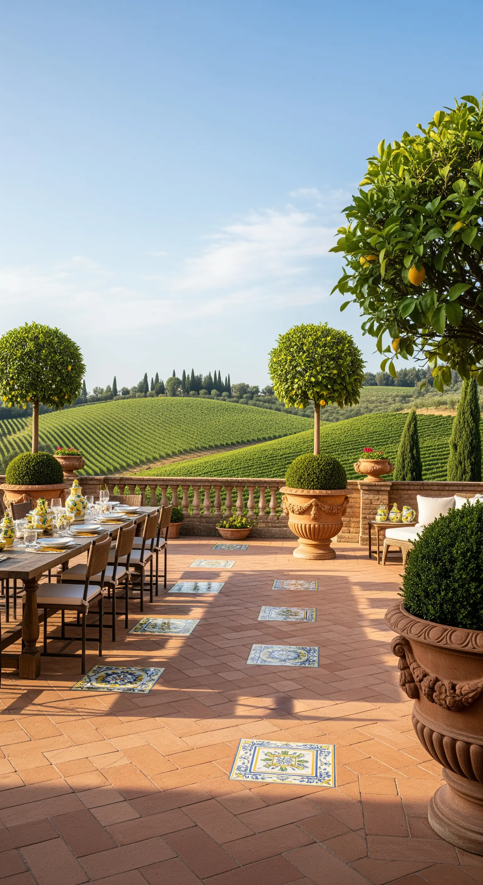 Grande terrazza in cotto con inserti di maioliche, tavolo da pranzo e vista sulle vigne
