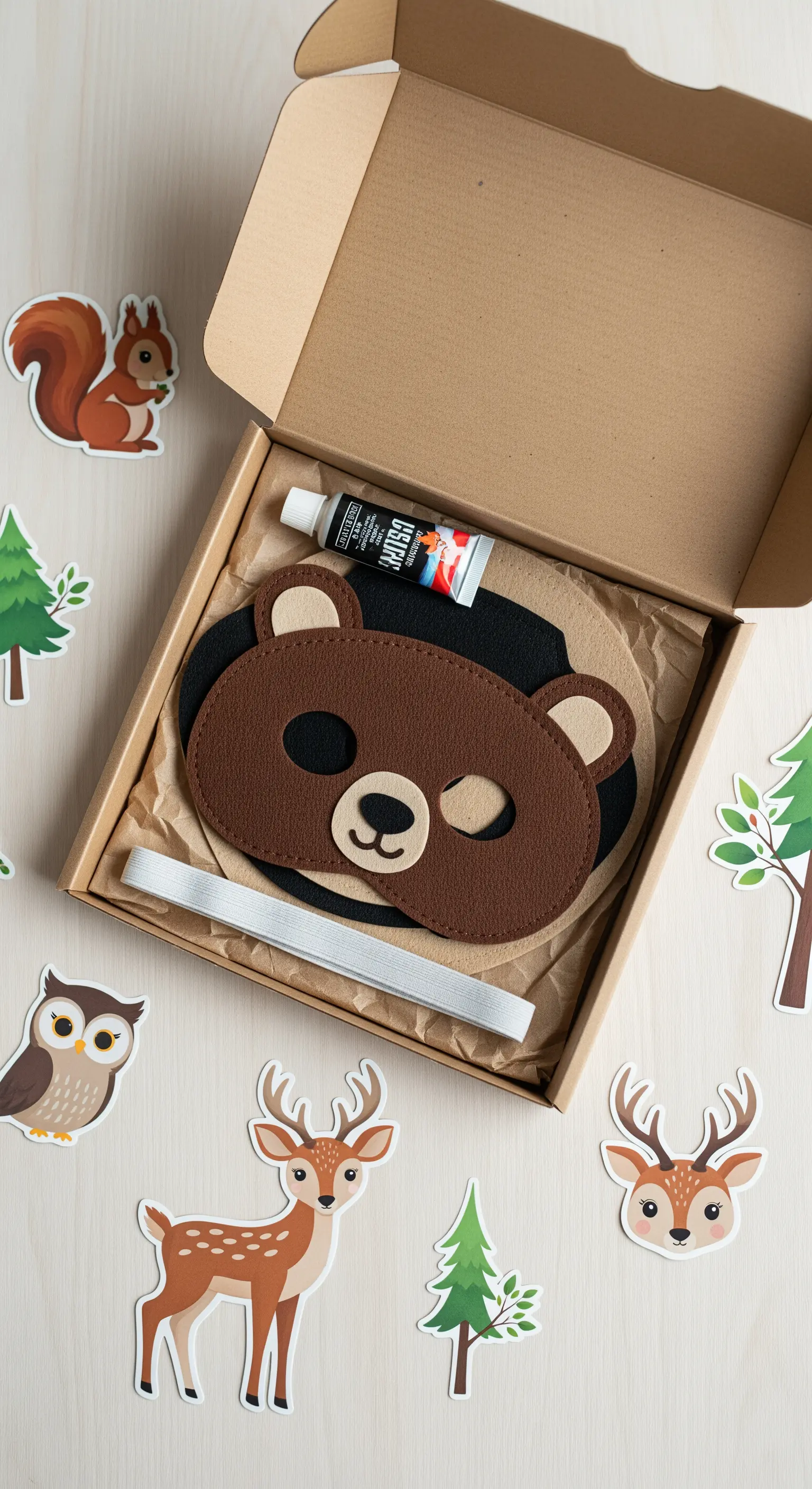 Kit fai-da-te per creare una maschera da orso in feltro, all'interno di una scatola di cartone.