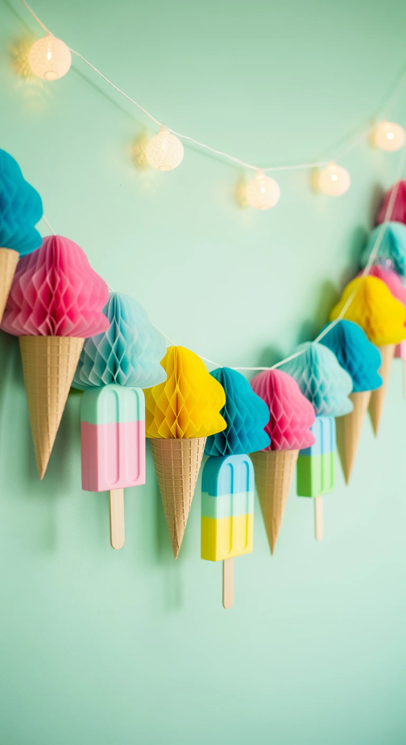Ghirlanda di gelati e ghiaccioli in carta a nido d'ape colorati, appesa a una parete verde menta.