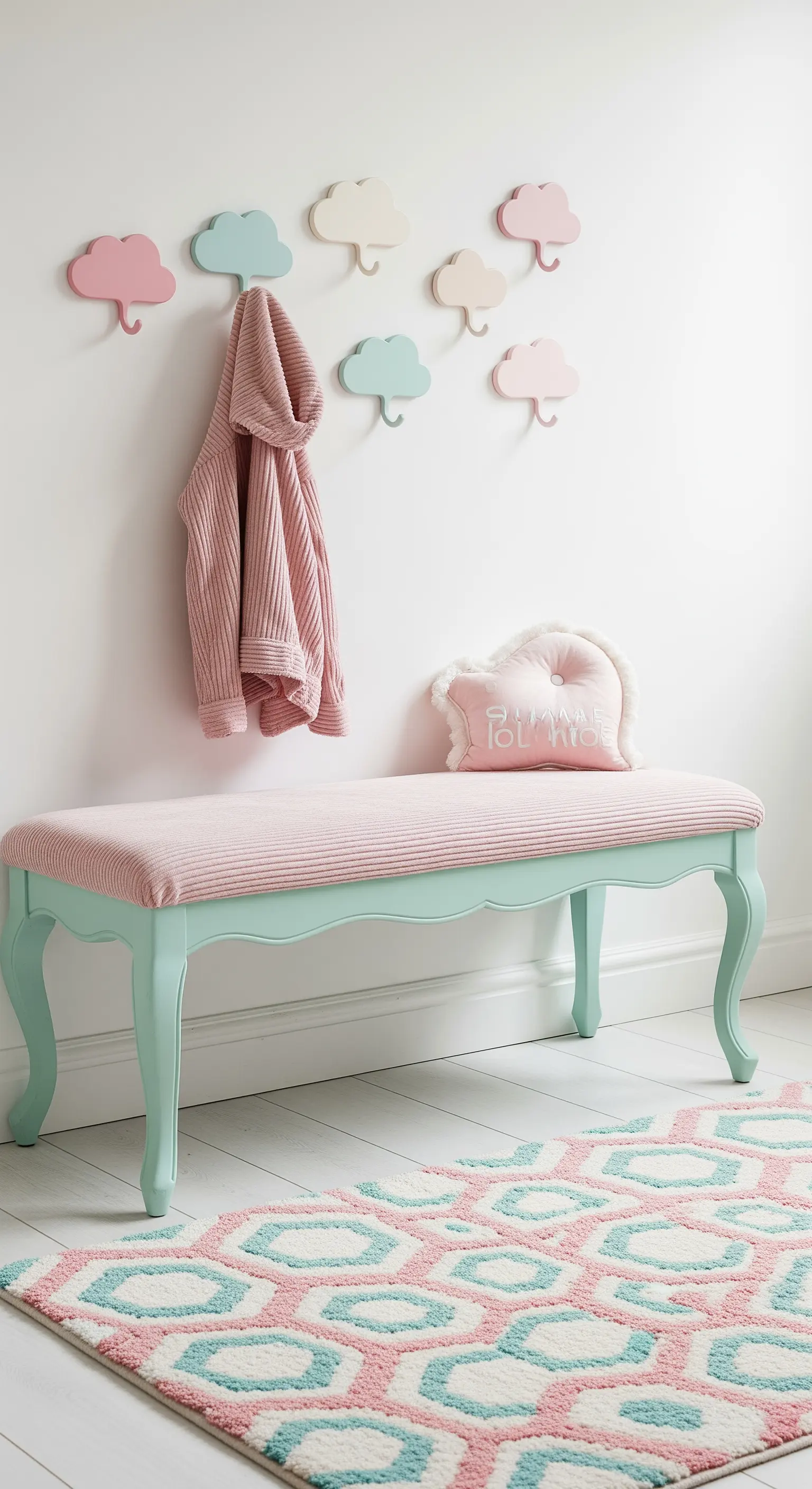Ingresso dai colori pastello con panca menta e rosa e appendiabiti a forma di nuvola.