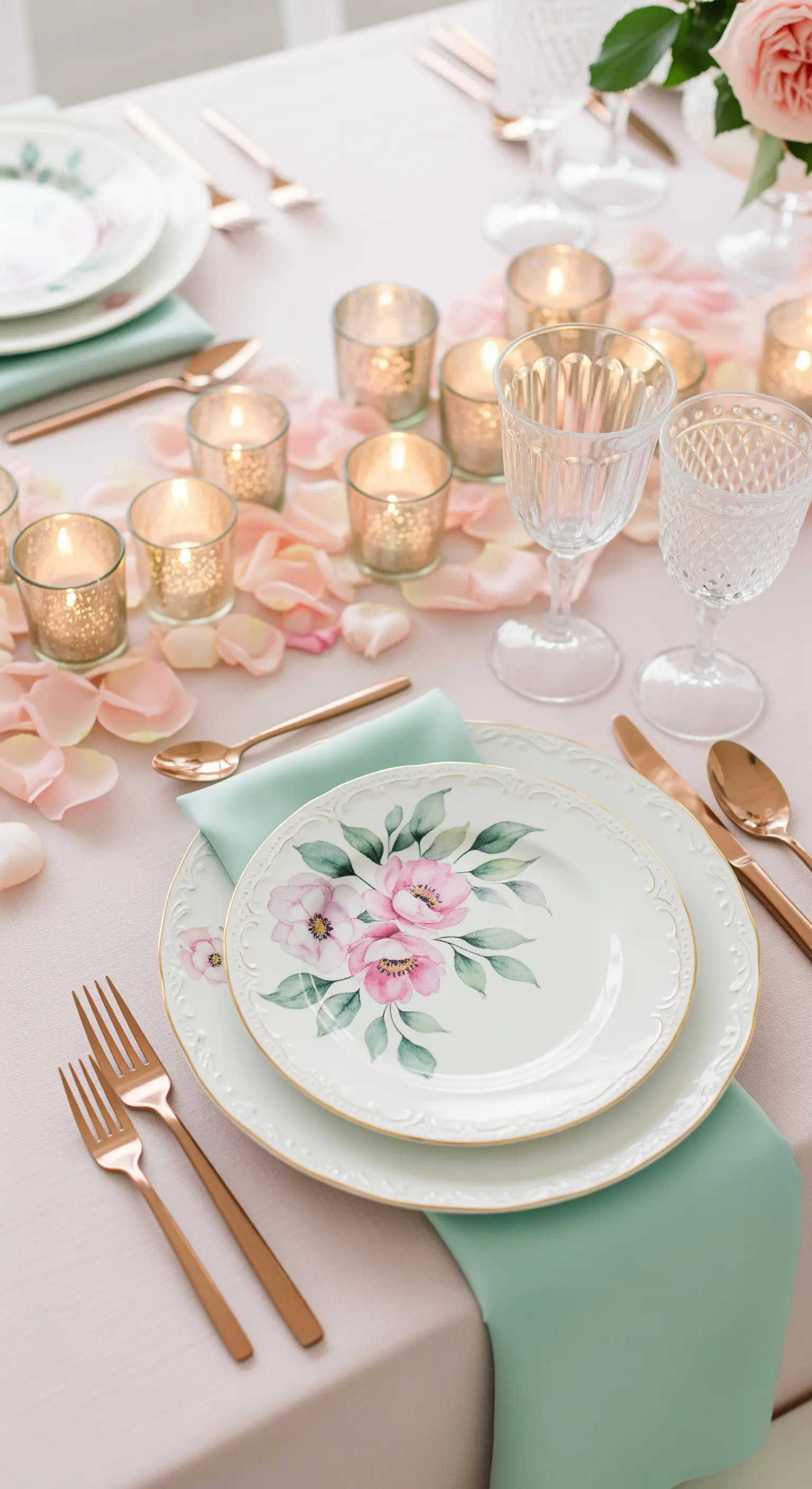 Tavola romantica con tovaglia rosa, piatti floreali, posate oro rosa e tovaglioli menta