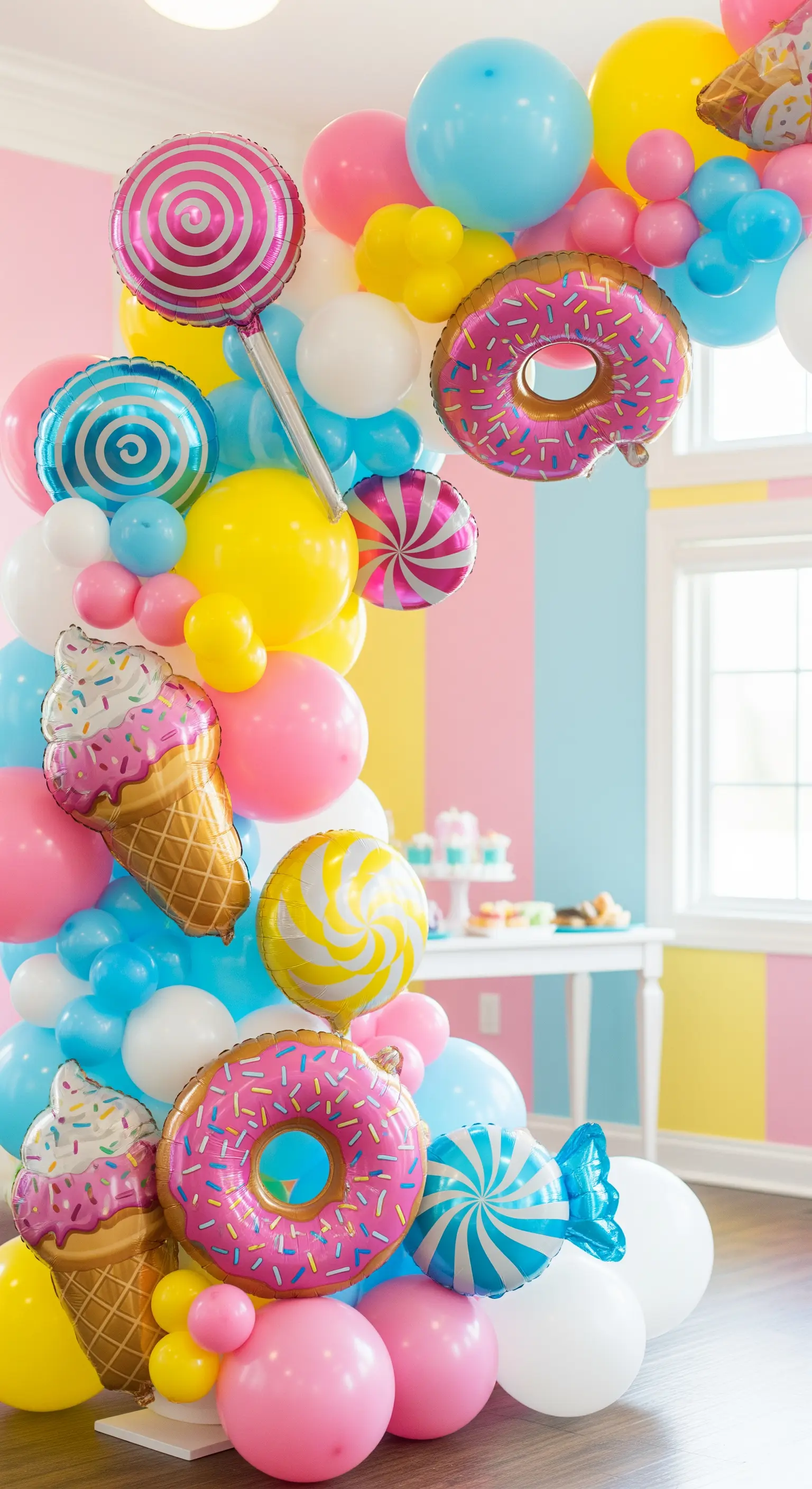 Arco di palloncini colorati con grandi palloncini sagomati a forma di ciambelle e gelati.