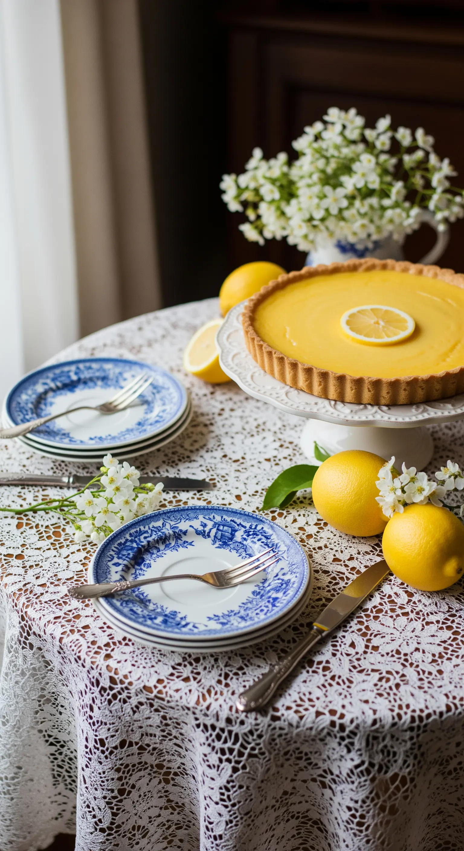 Tavolino con tovaglia in pizzo, una torta al limone su un'alzata e piatti vintage.
