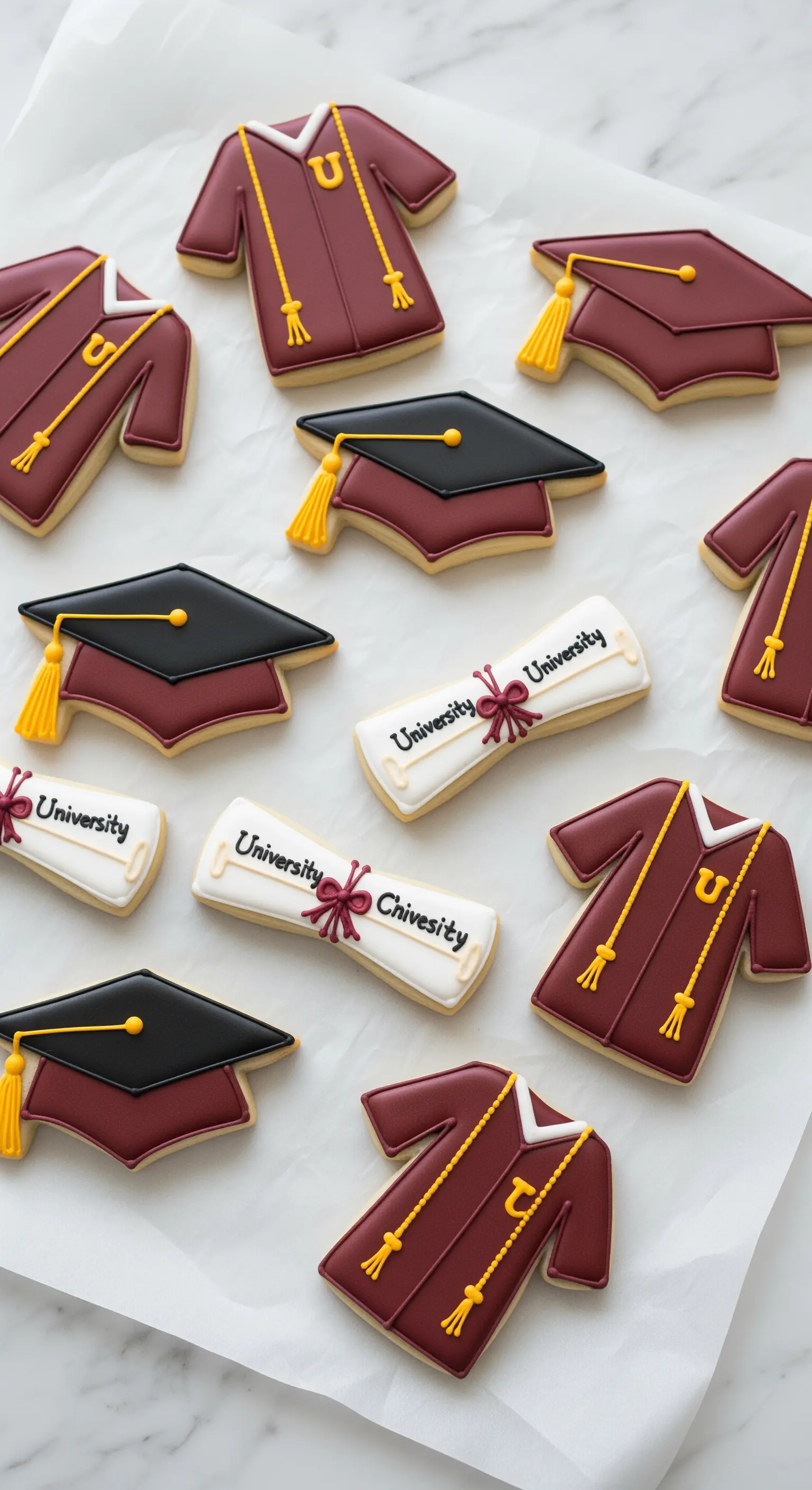 Biscotti decorati a tema laurea a forma di tocco, toga e pergamena su carta da forno