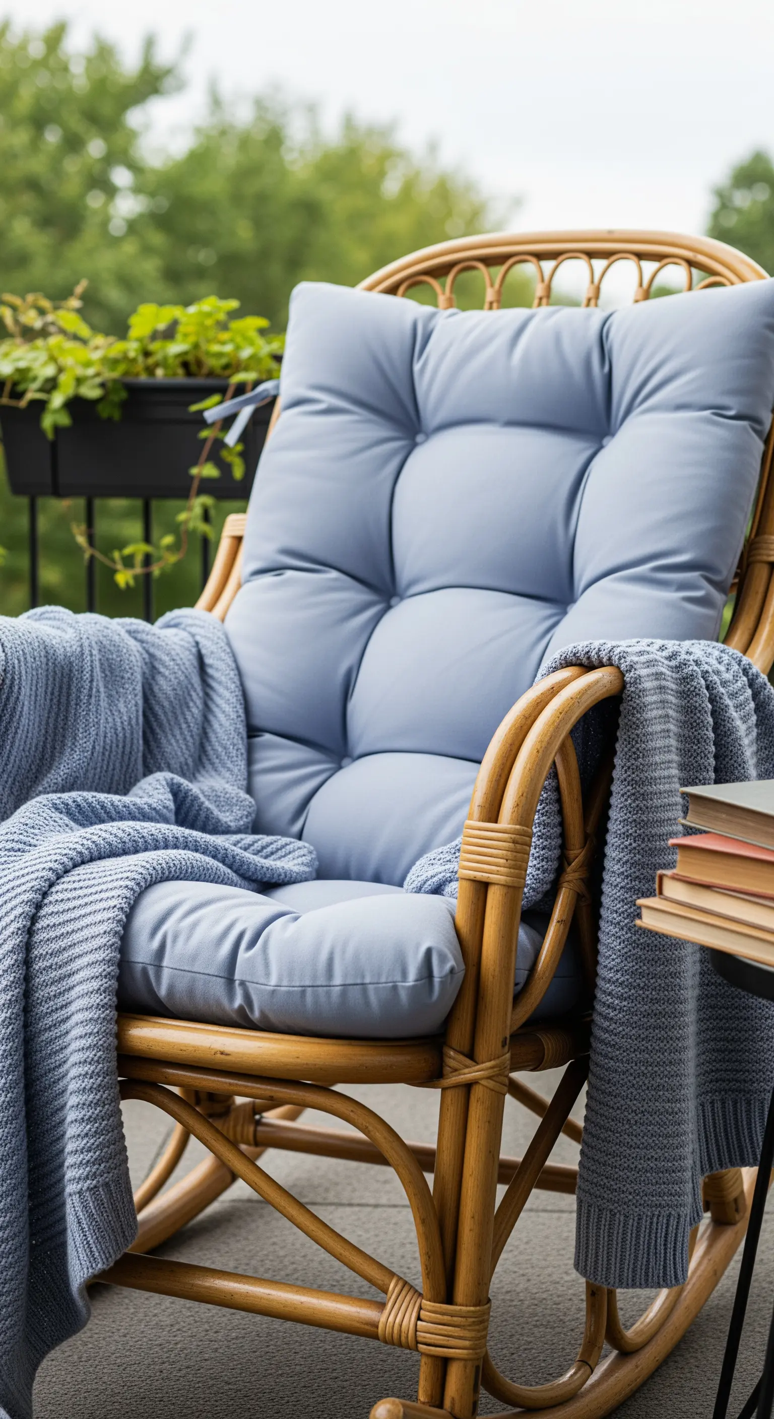 Sedia a dondolo in rattan con un grande cuscino trapuntato blu e un plaid.