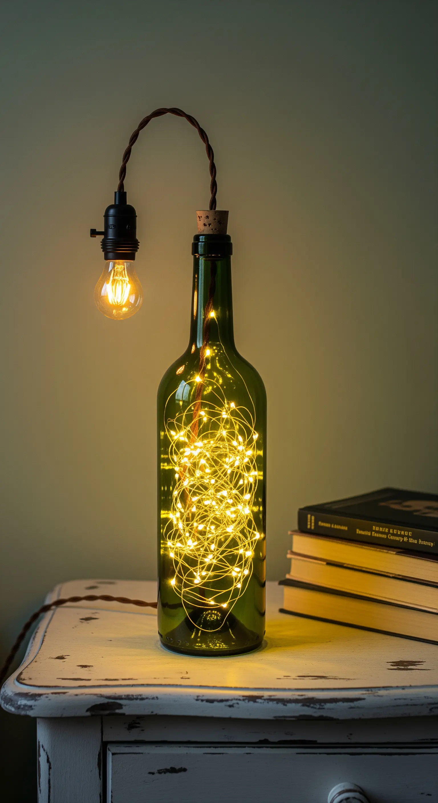 Bottiglia di vino verde riempita di lucine LED calde, con lampadina esterna.