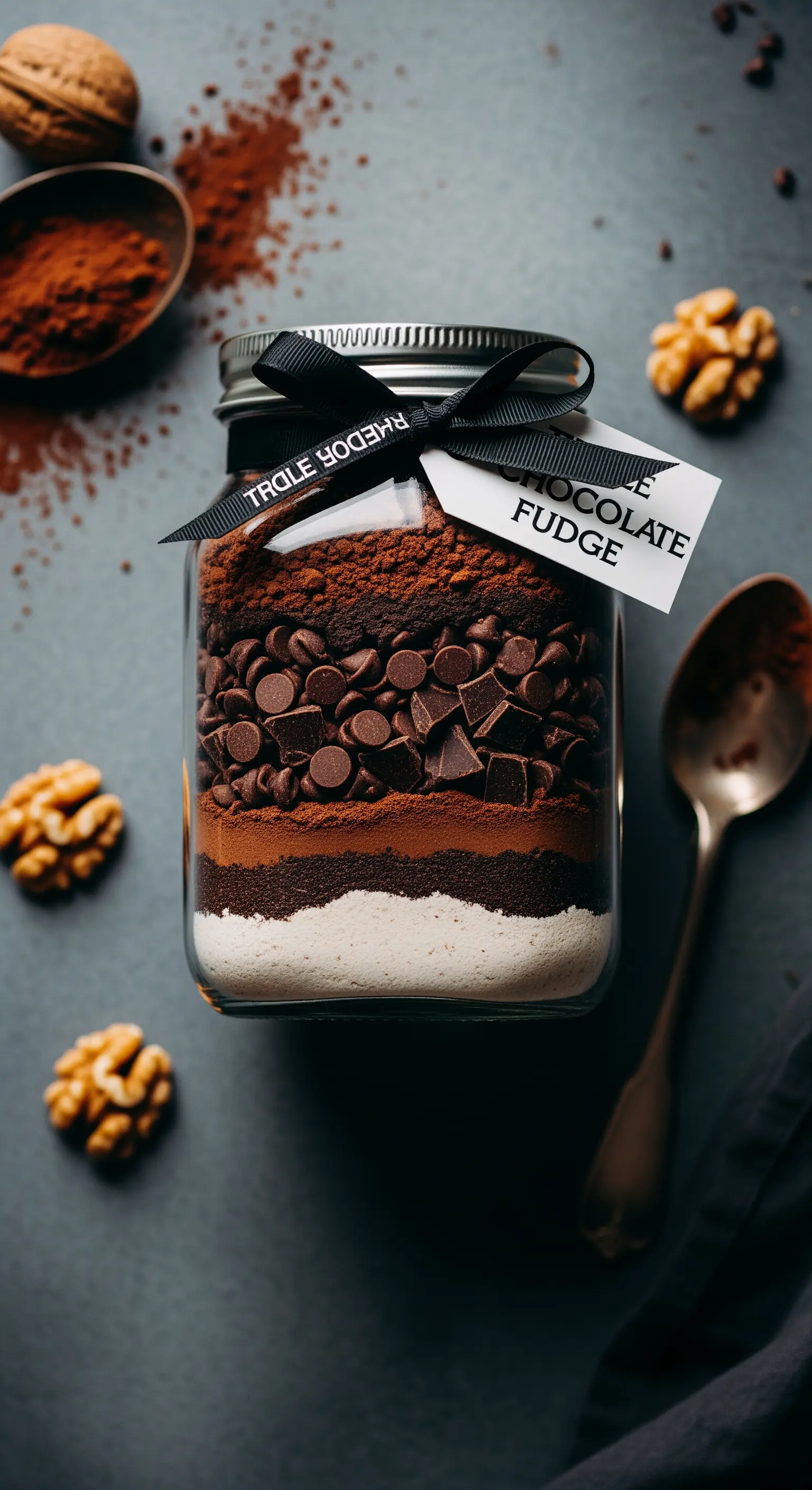 Barattolo di preparato per fudge al doppio cioccolato con nastro nero ed etichetta minimalista.