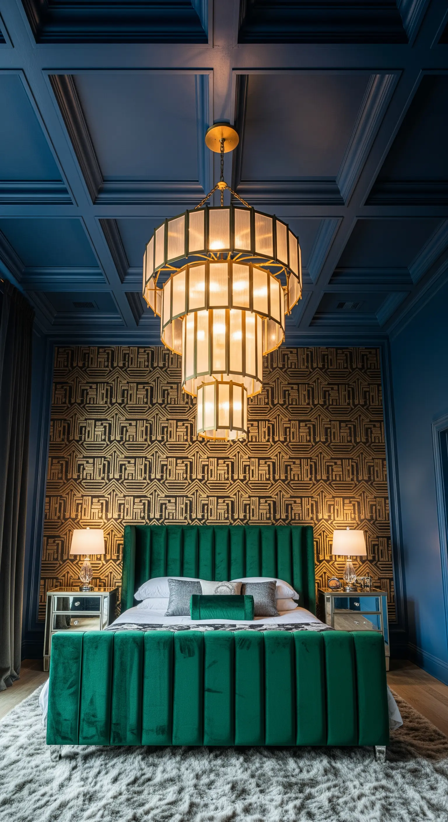 Lampadario Art Déco a strati in una camera da letto blu e verde con carta da parati geometrica.