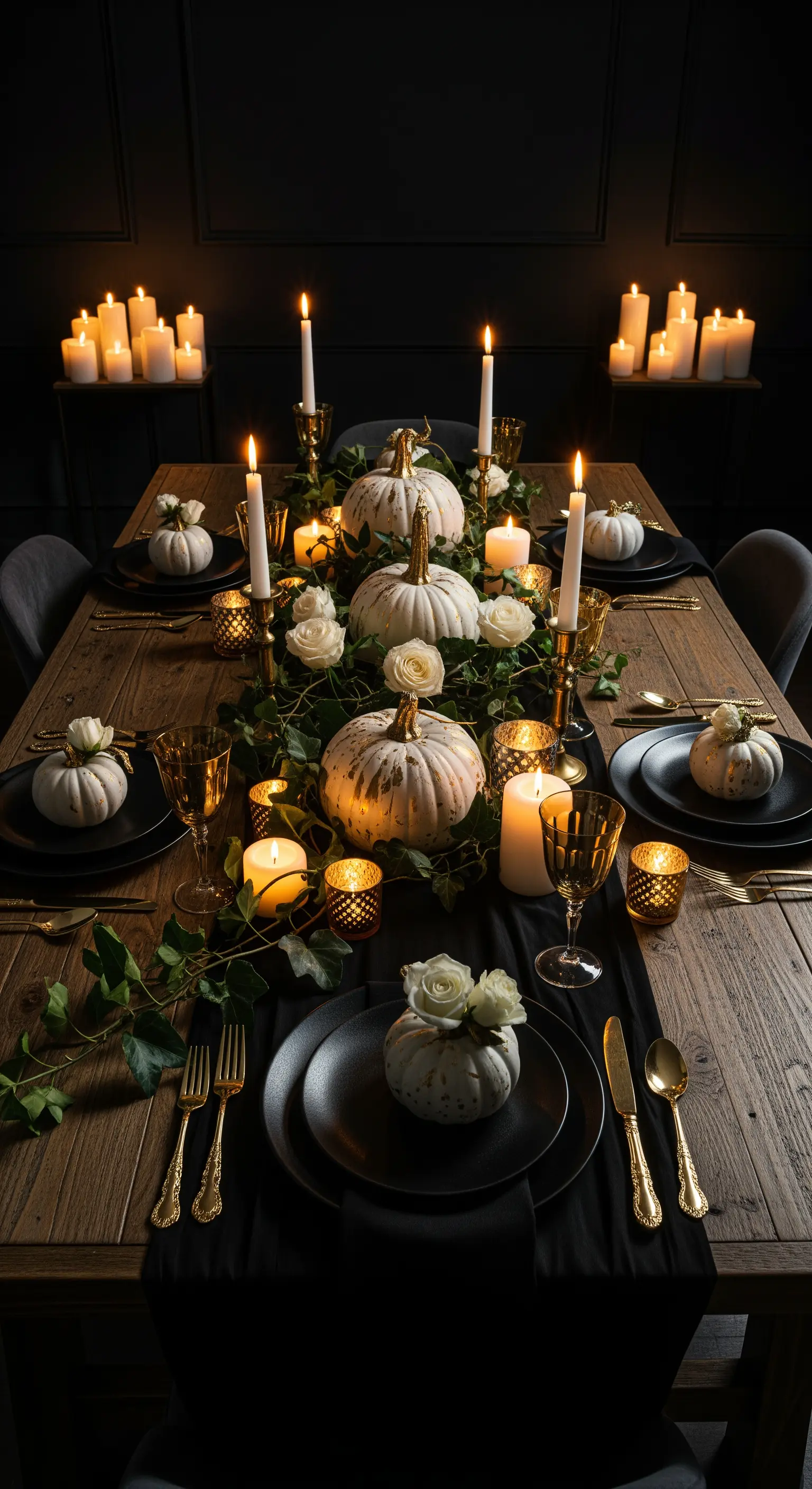 Tavola di Halloween scura illuminata da candele, con zucche bianche, edera e rose.