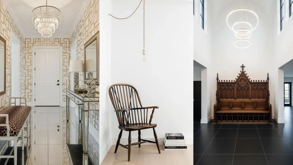 Ingressi eclettici con stile, mix di moderno e vintage: panca antica e sedie classiche in ambienti contemporanei.
