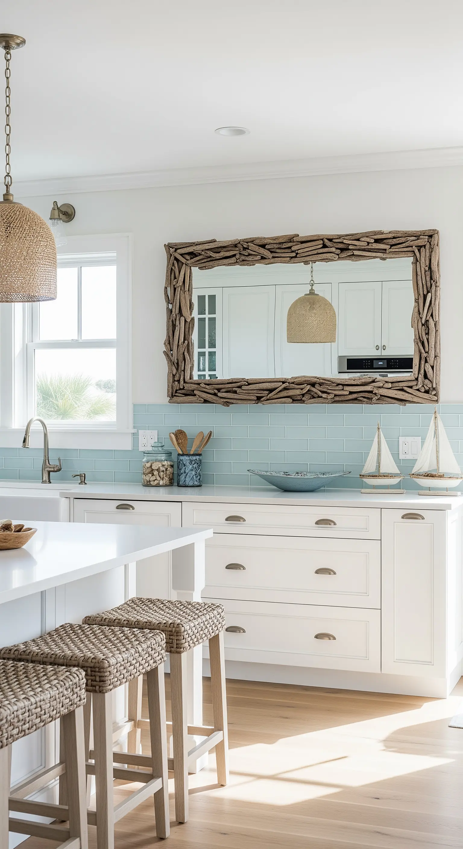 Cucina in stile costiero con specchio orizzontale incorniciato da legni di mare.