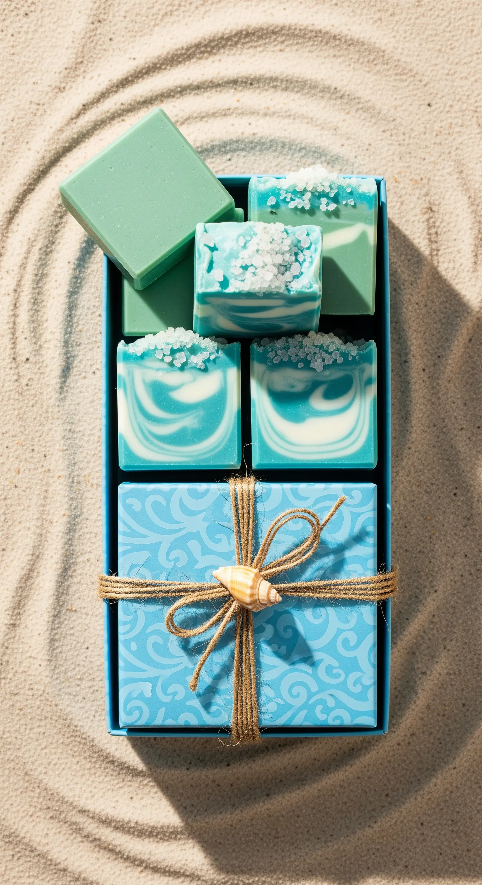 Set di saponi artigianali blu e bianchi in una scatola a tema marino legata con spago e conchiglia.