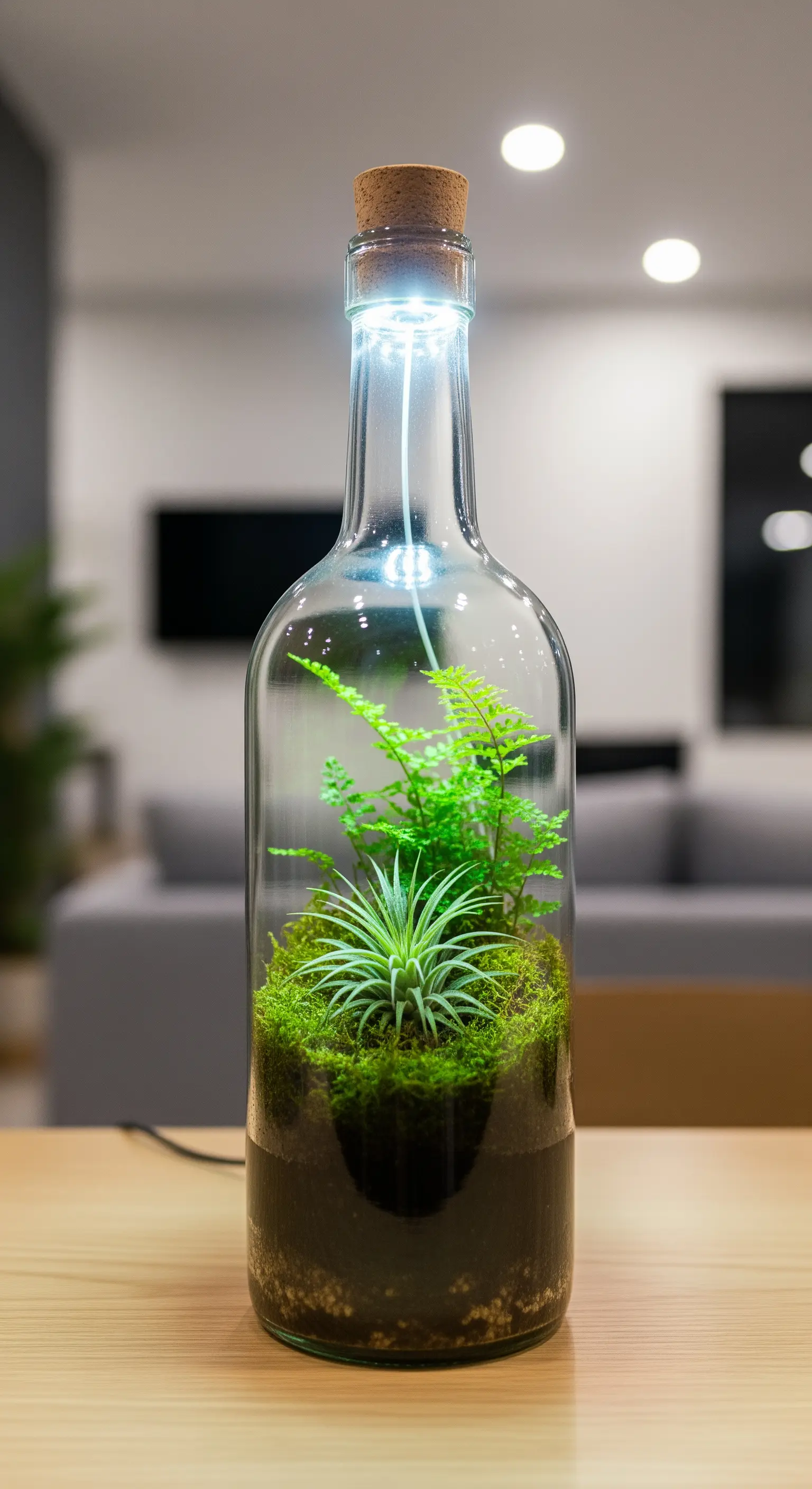 Terrario illuminato all'interno di una bottiglia di vino trasparente, con piccole piante e muschio.