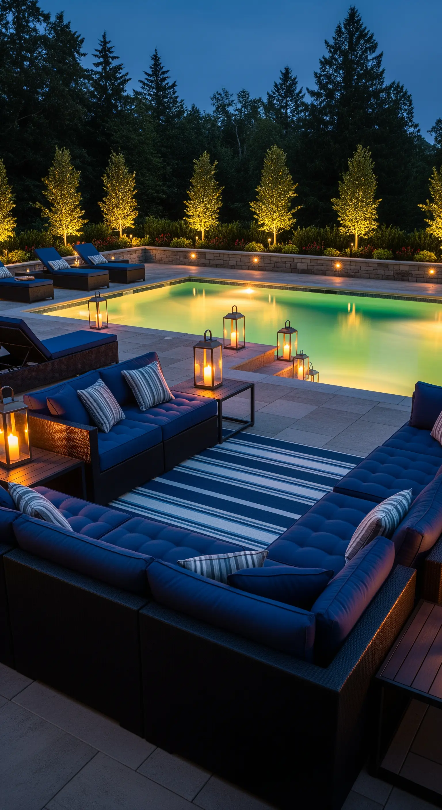 Area lounge a bordo piscina con grande divano blu, tappeto a righe e lanterne.