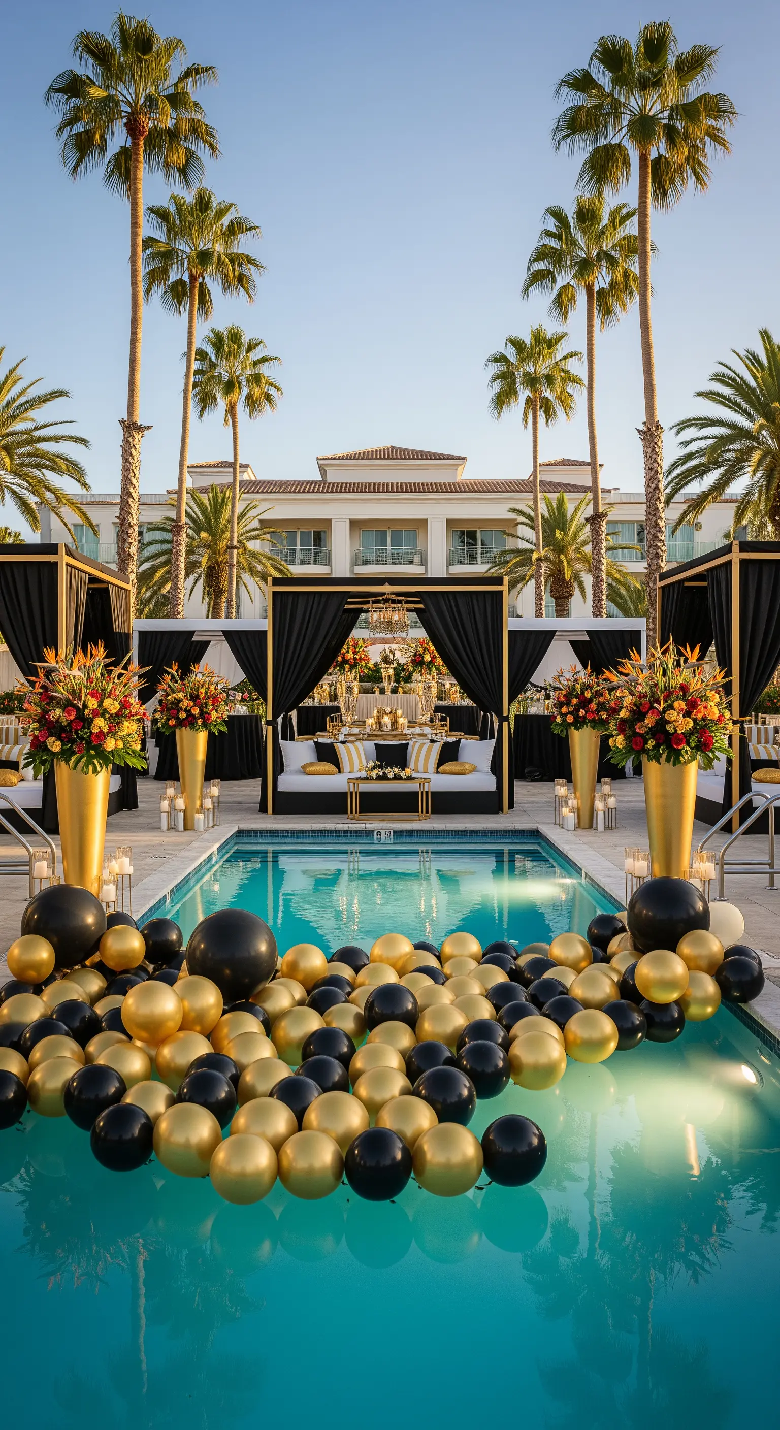 Piscina piena di palloncini neri e oro per una festa di matrimonio all'aperto.