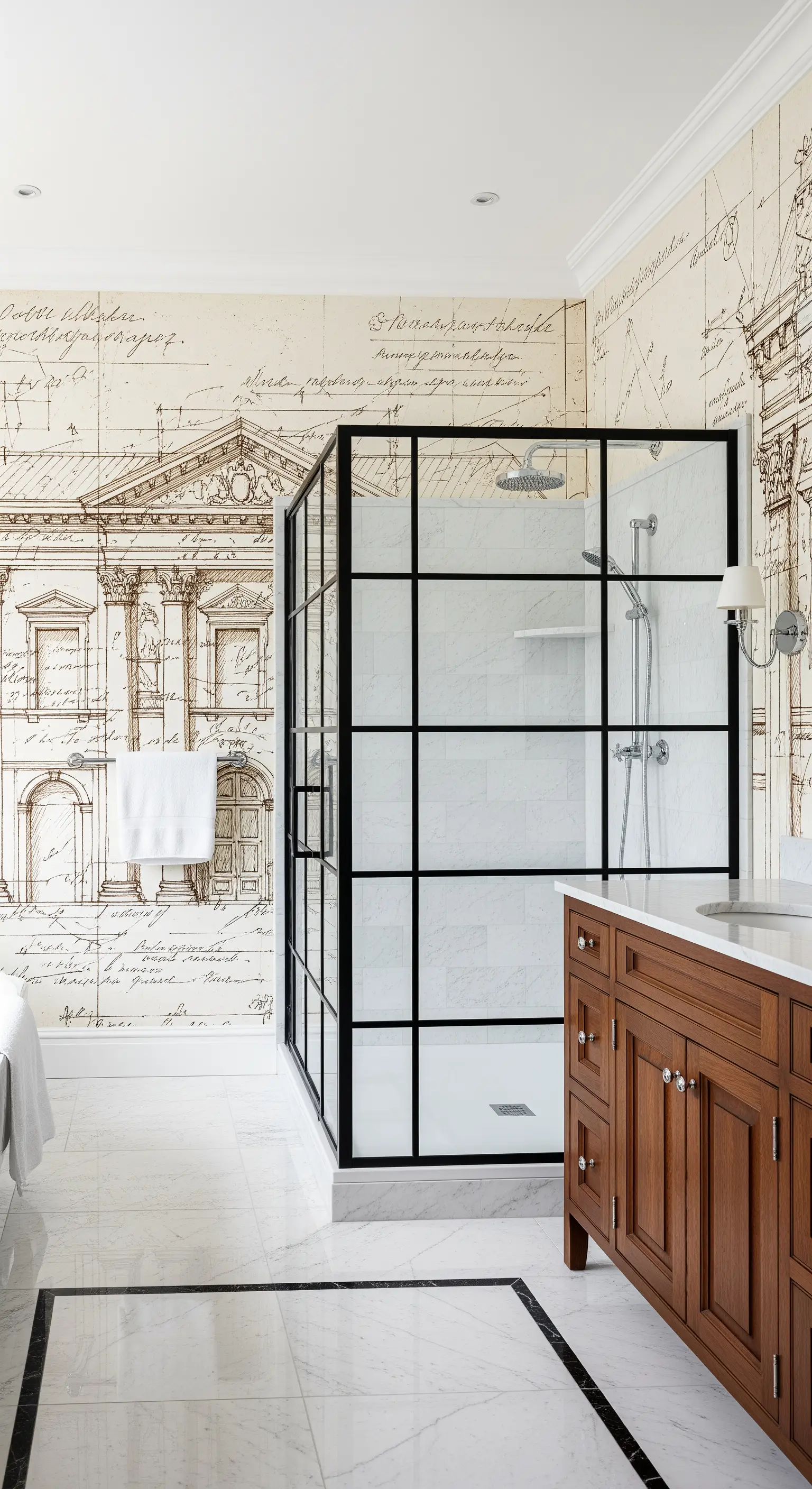 Bagno classico con carta da parati a tema schizzi architettonici e box doccia nero.