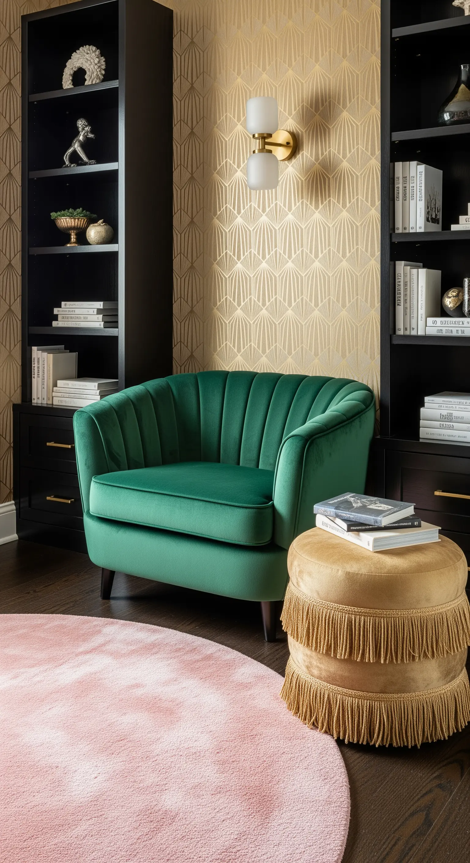Angolo lettura Art Déco con carta da parati oro, poltrona in velluto verde e librerie nere.