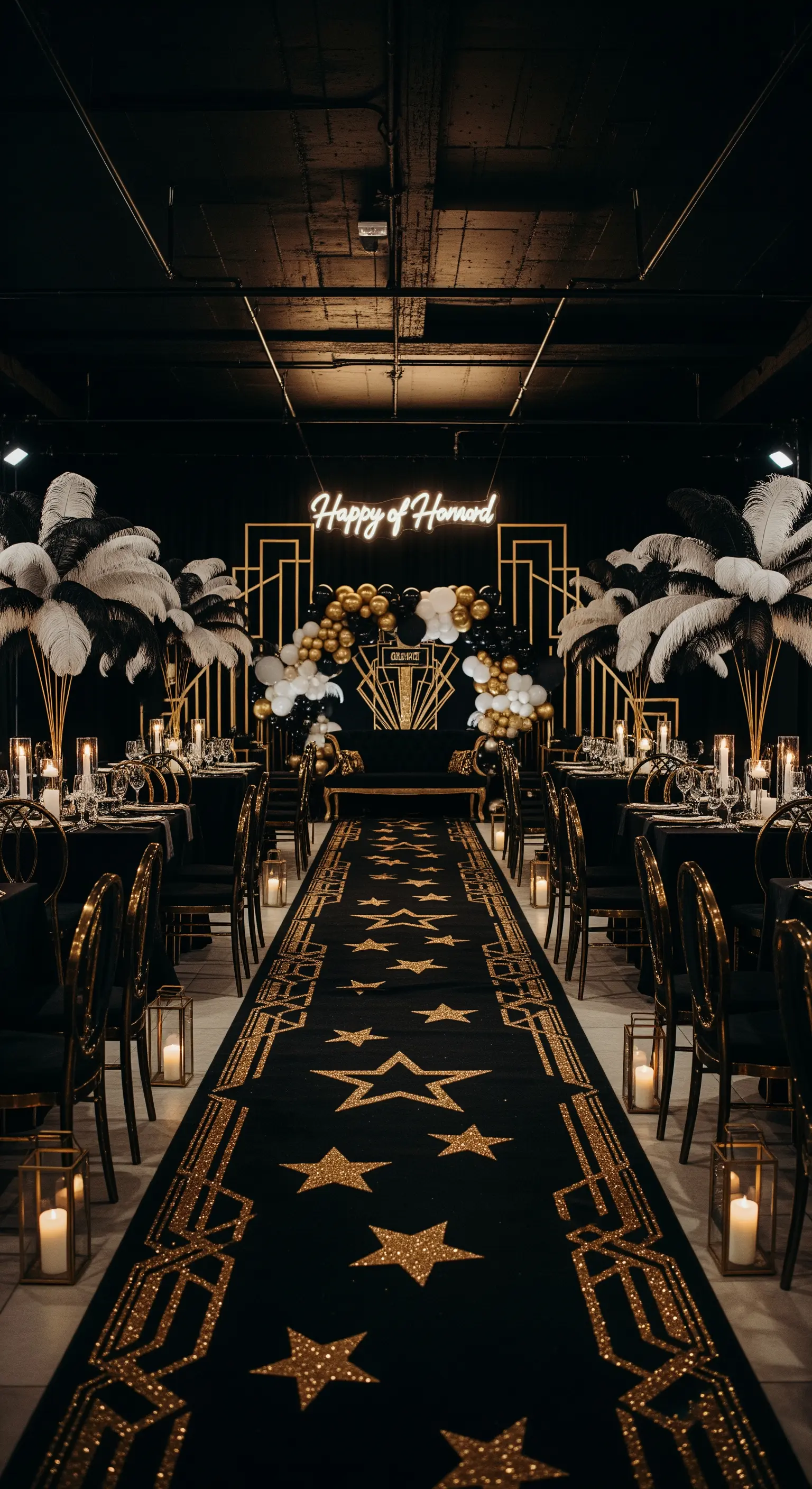 Allestimento festa a tema Grande Gatsby in nero e oro con piume e stelle.