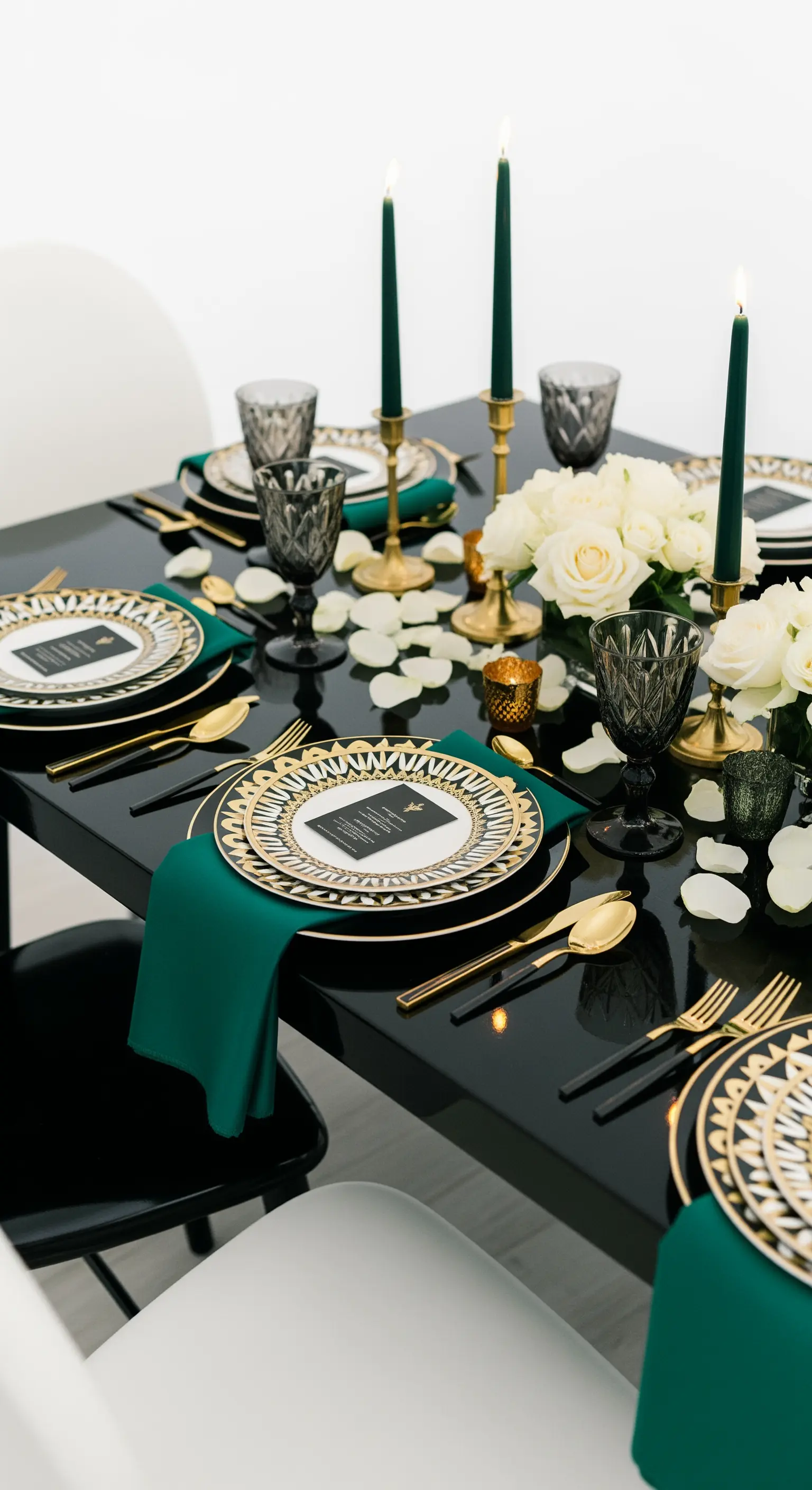 Tavola moderna in stile Art Déco con piatti geometrici, posate dorate e tovaglioli verde smeraldo