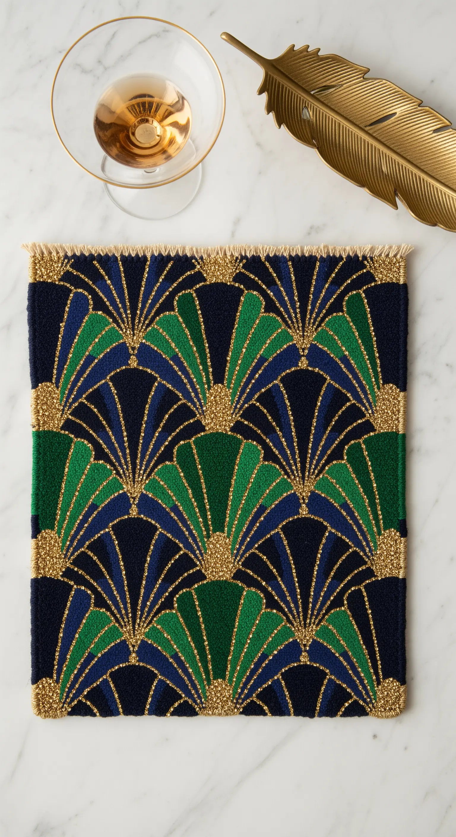 Piccolo tappeto quadrato con motivo Art Déco in blu, verde e oro, su un piano di marmo.