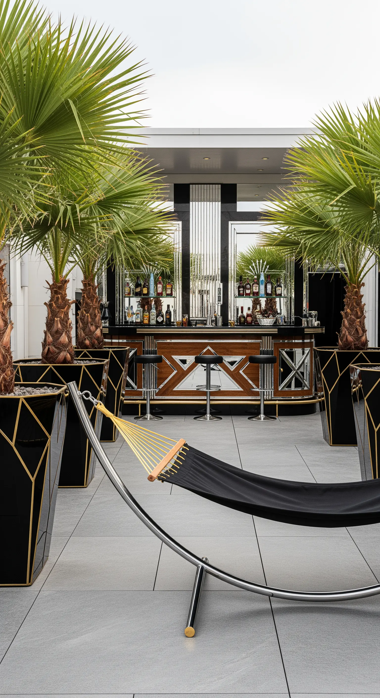 Terrazza moderna con bar in stile Art Déco, vasi geometrici e un'amaca nera.
