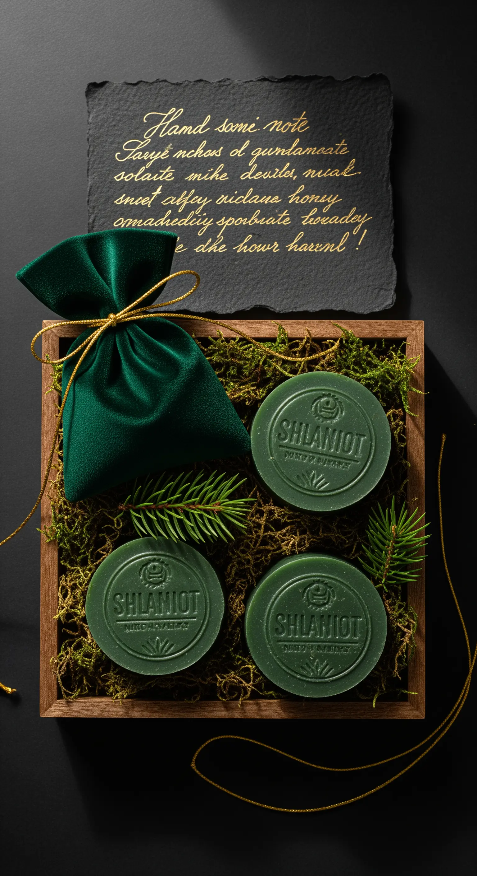 Confezione regalo con saponi verdi, sacchetto in velluto e muschio, con una nota scritta su ardesia.