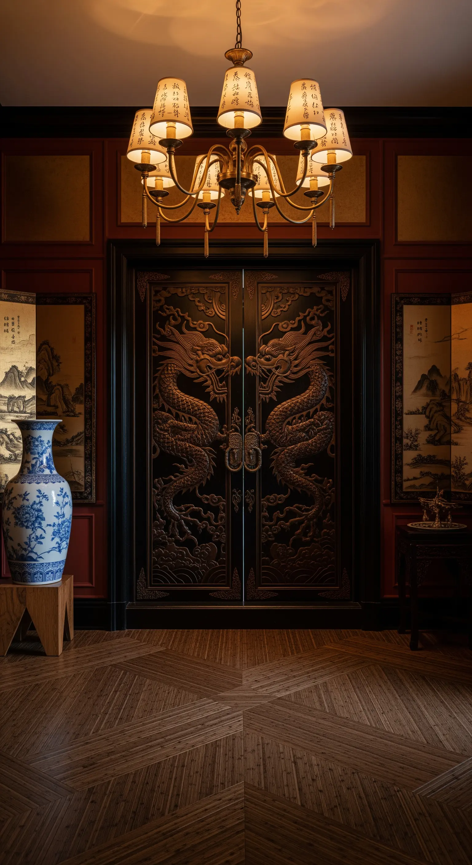 Ingresso in stile Chinoiserie con porta laccata nera con draghi intagliati e un grande vaso di porcellana.