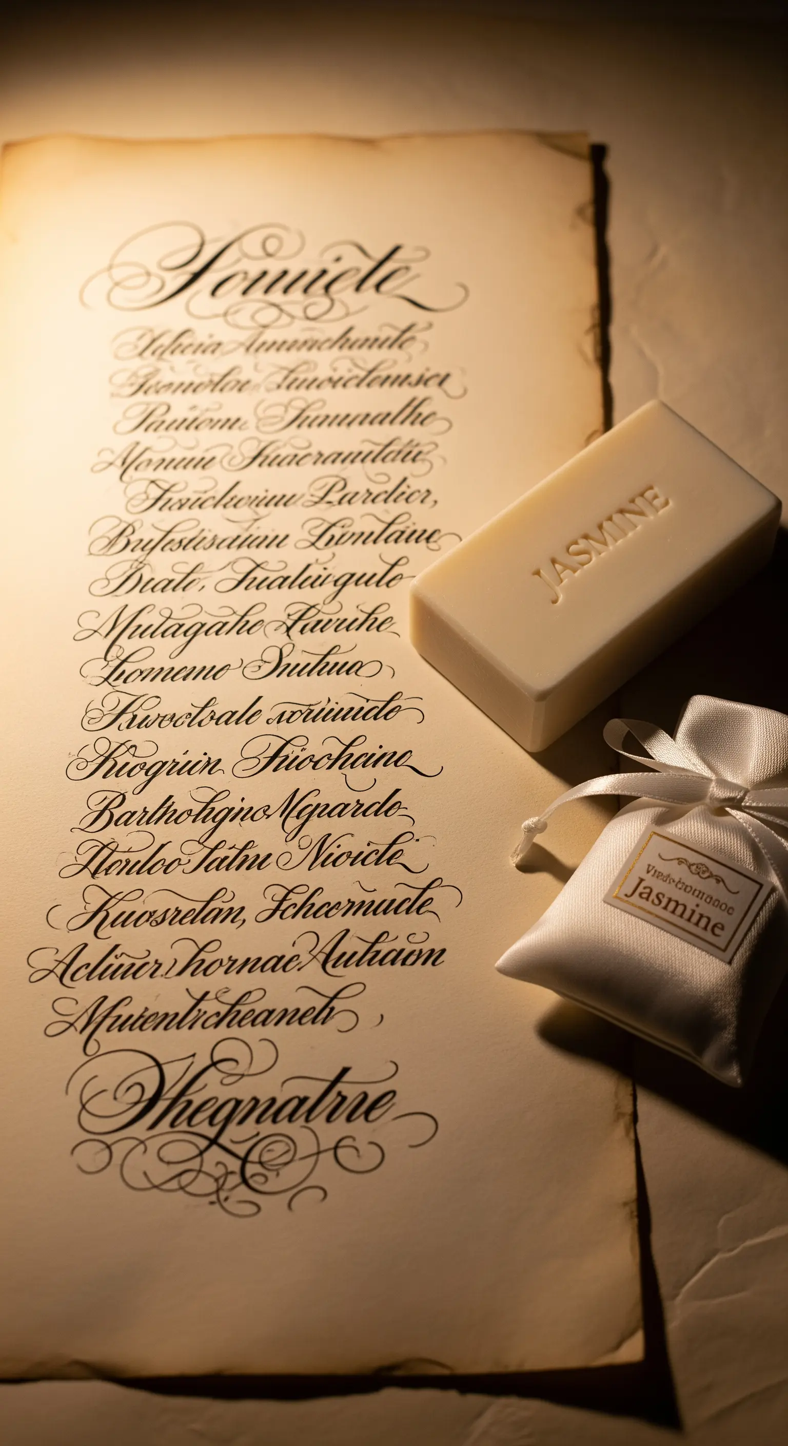 Sapone al gelsomino e sacchetto profumato accanto a una pergamena con testo calligrafico.