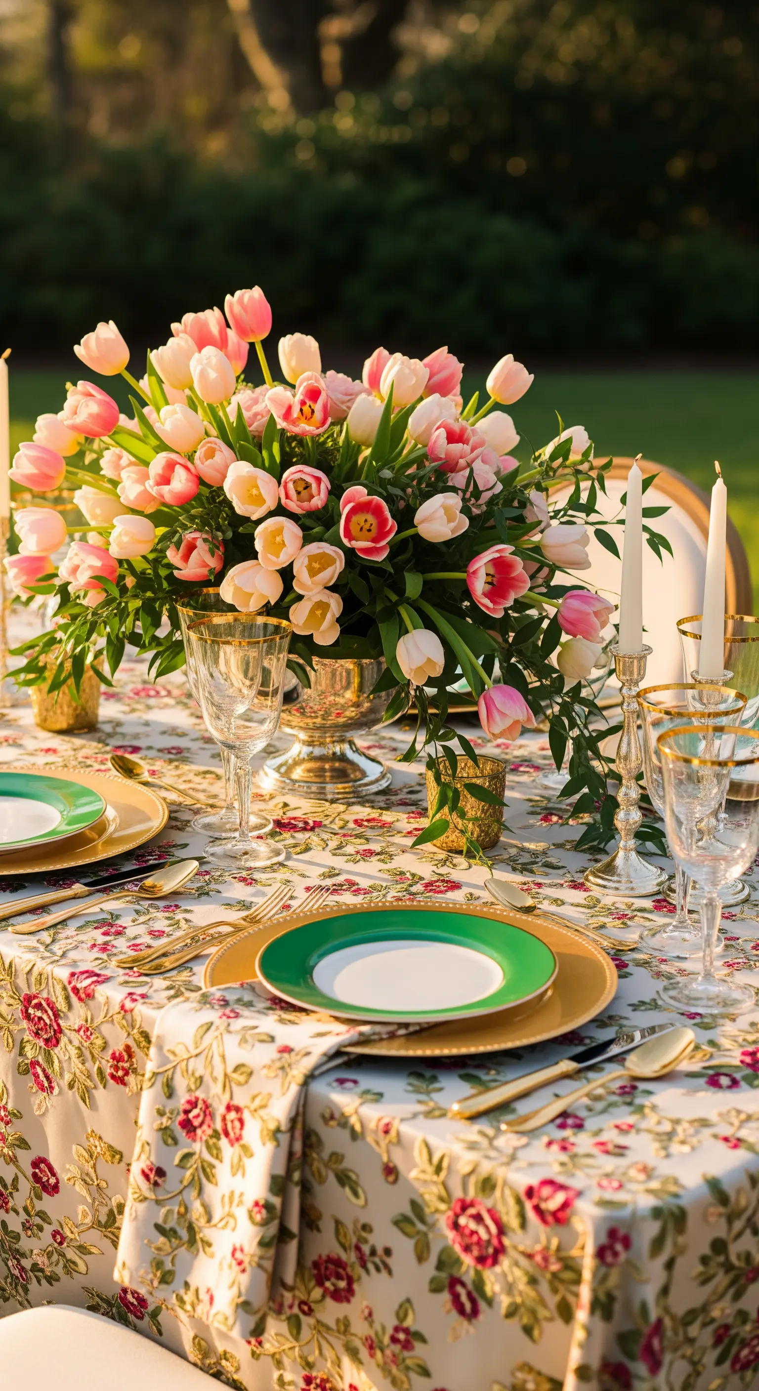 Tavola elegante con tovaglia ricamata, posate dorate e un grande centrotavola di tulipani rosa.