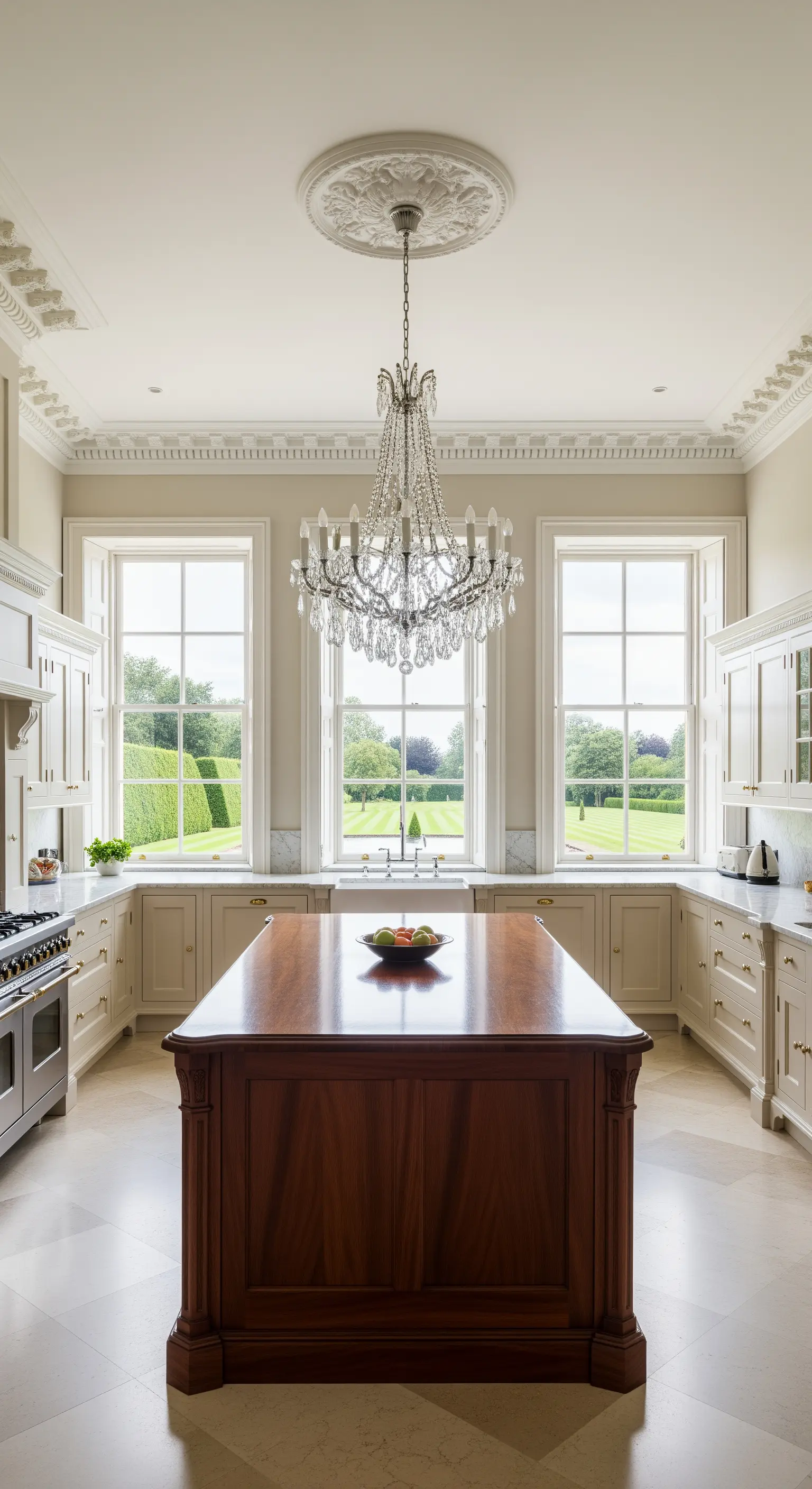 Cucina classica ed elegante con isola in legno scuro e un tradizionale lampadario di cristallo