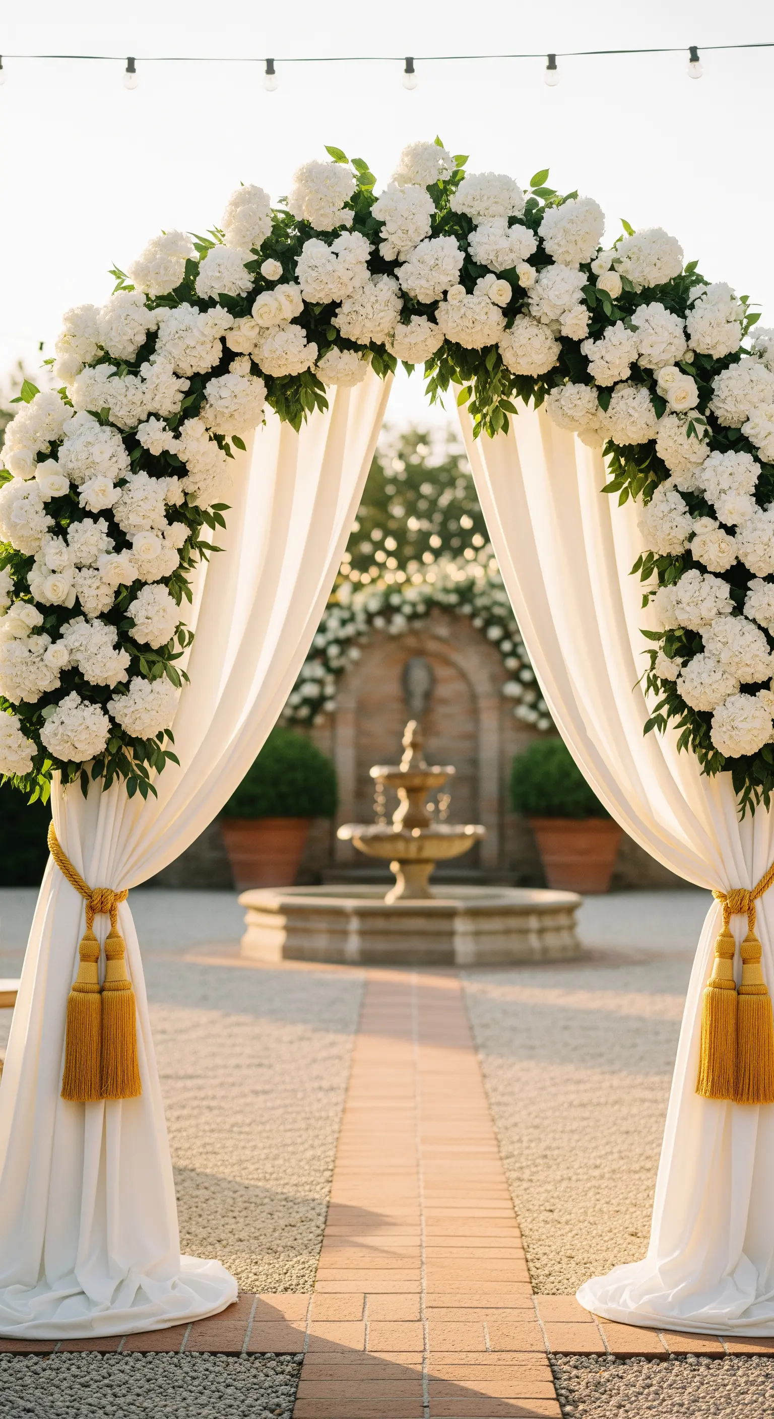 Arco nuziale arrotondato con ortensie bianche e drappi fermati da nappe dorate in un giardino.
