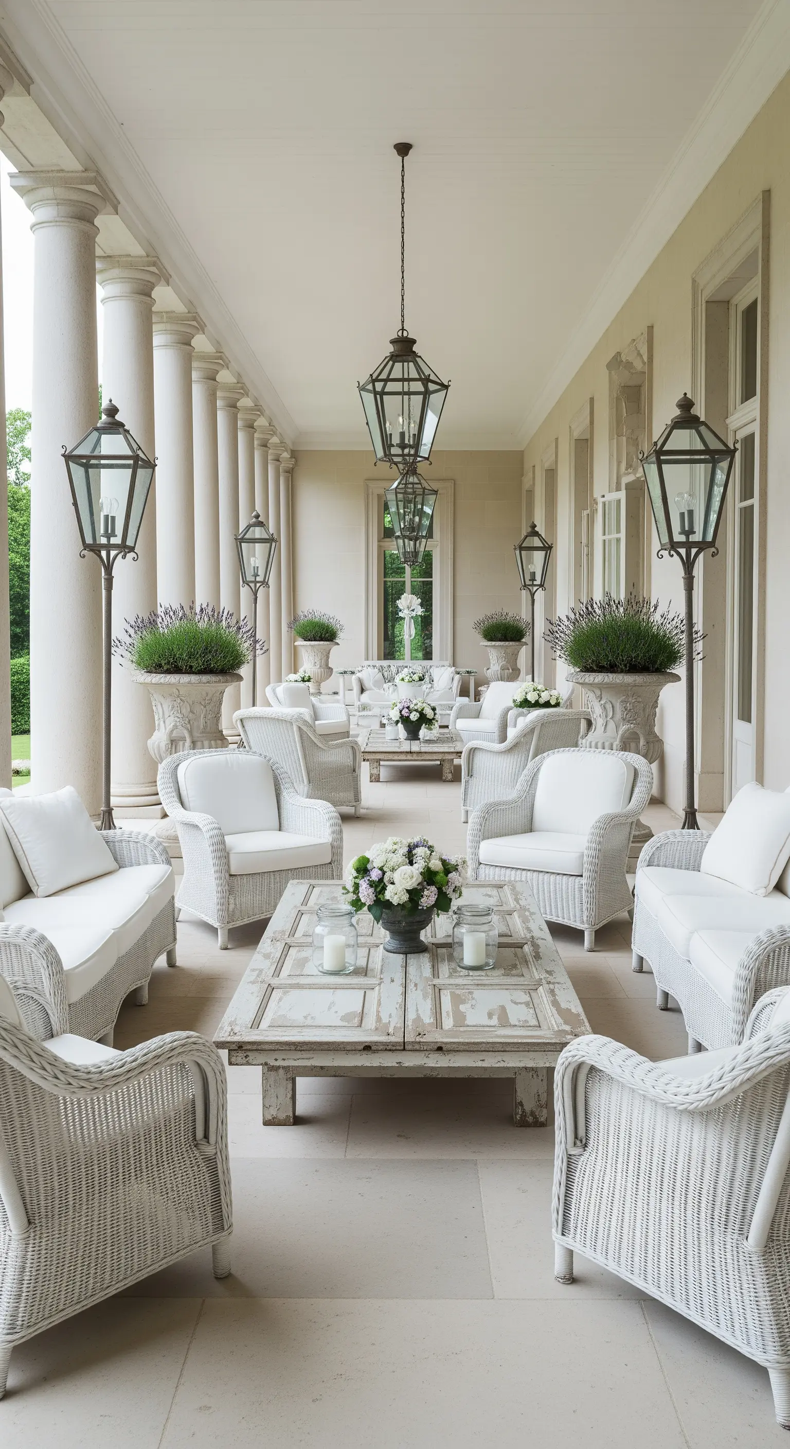 Grande portico con colonne, arredi in vimini bianco, tavolino decapato e grandi vasi con lavanda.
