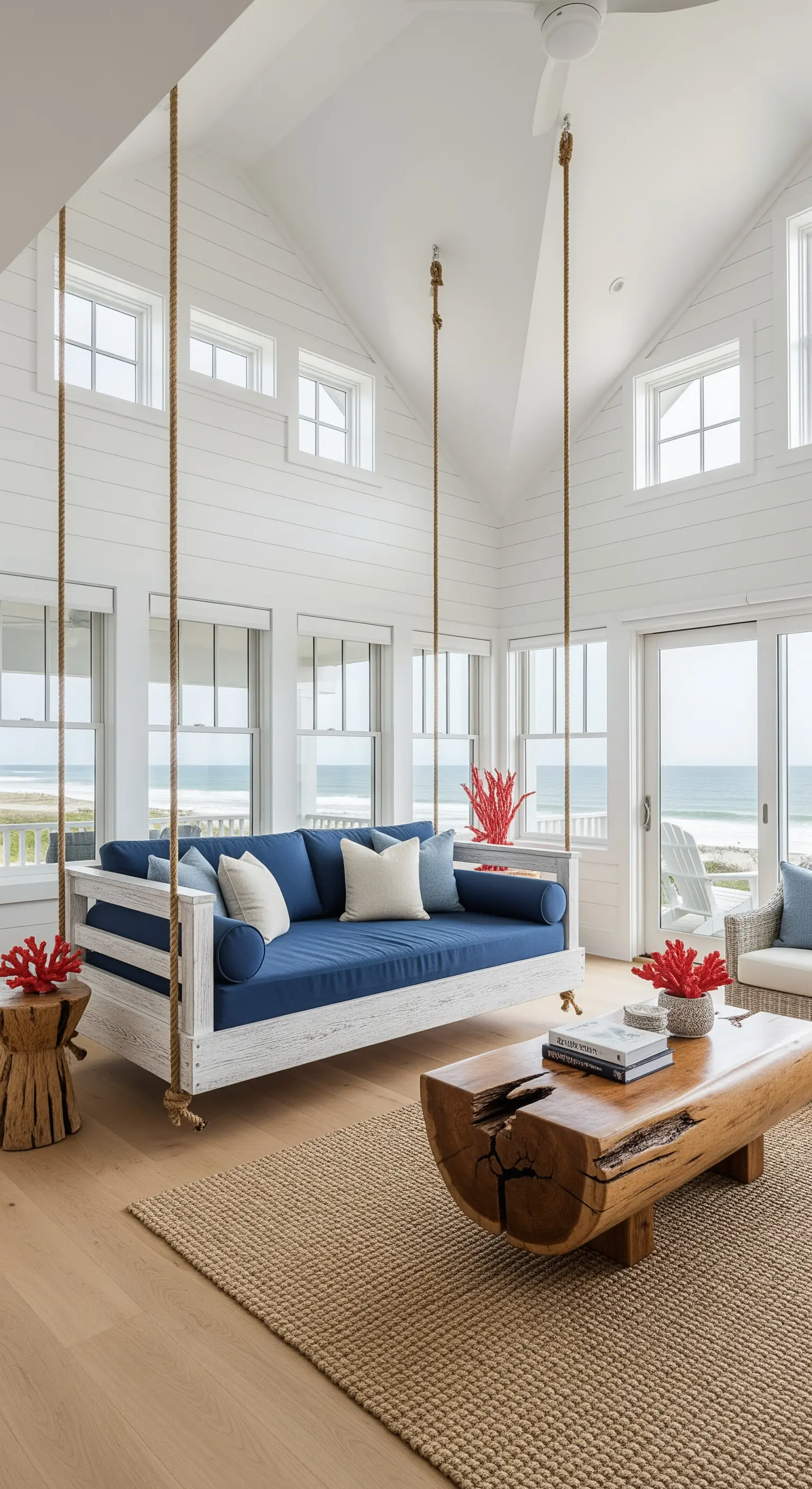 Divano sospeso in legno bianco con corde spesse e cuscini blu, affacciato sul mare.