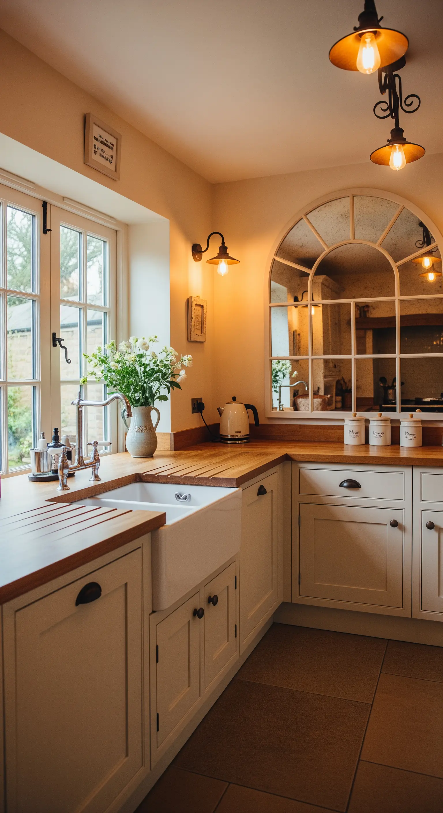 Cucina in stile country con un grande specchio a forma di finestra ad arco.