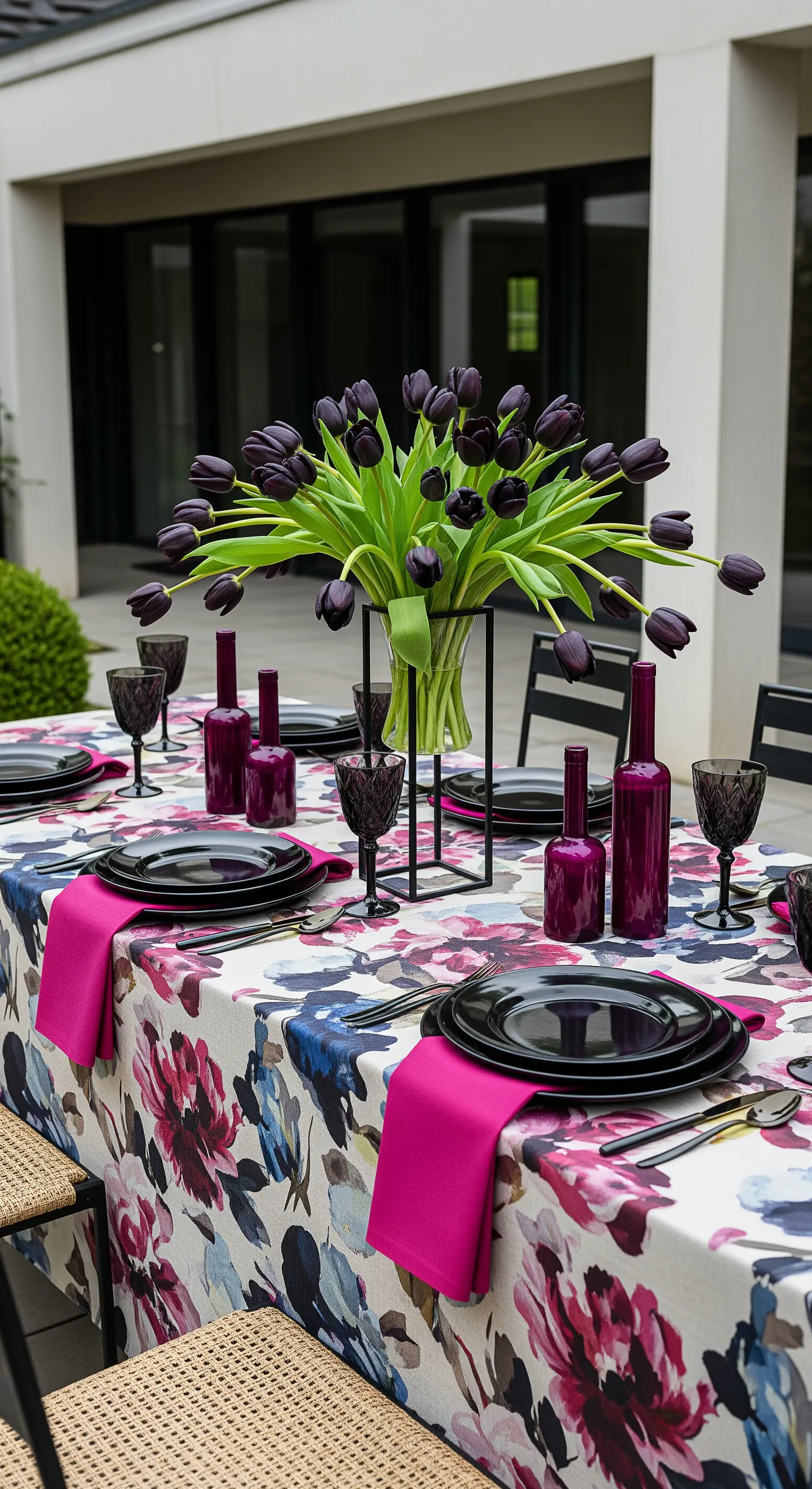 Tavola moderna con tovaglia floreale scura, piatti neri e un bouquet di rari tulipani neri.
