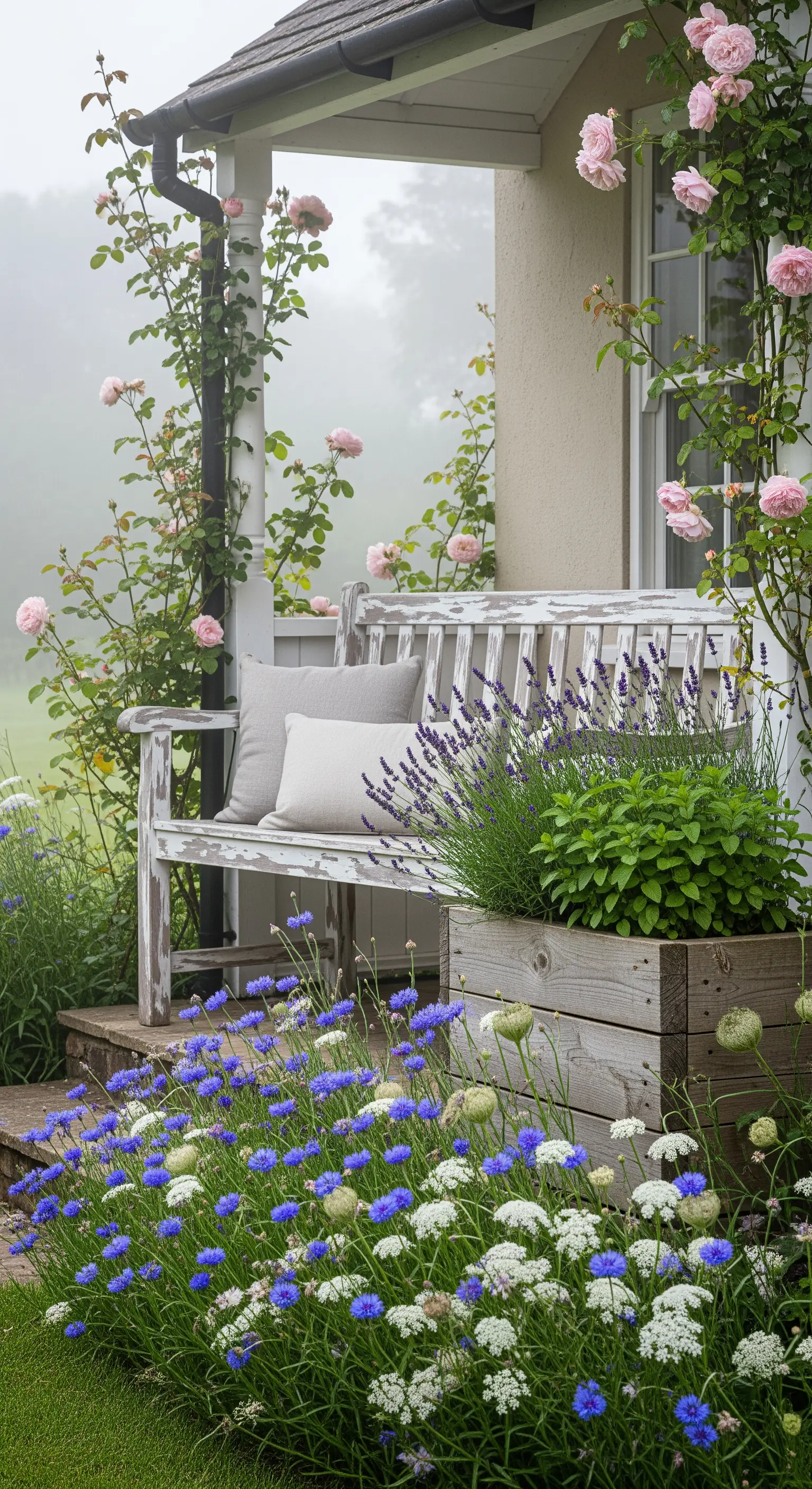 Panchina bianca in stile shabby chic con cuscini, circondata da rose rampicanti e fiordalisi.