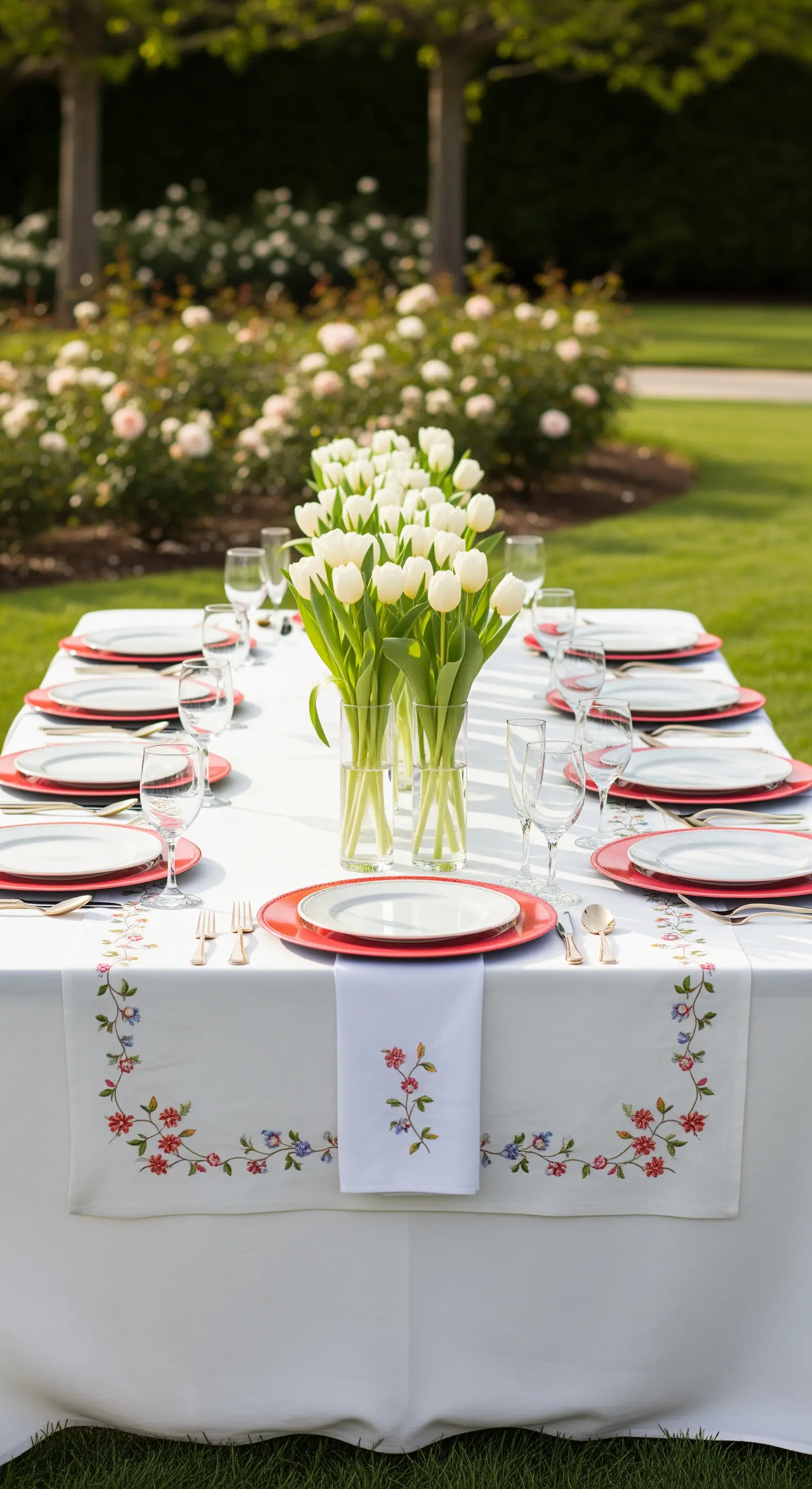 Tavola elegante in giardino con runner ricamato, tulipani bianchi e dettagli corallo.