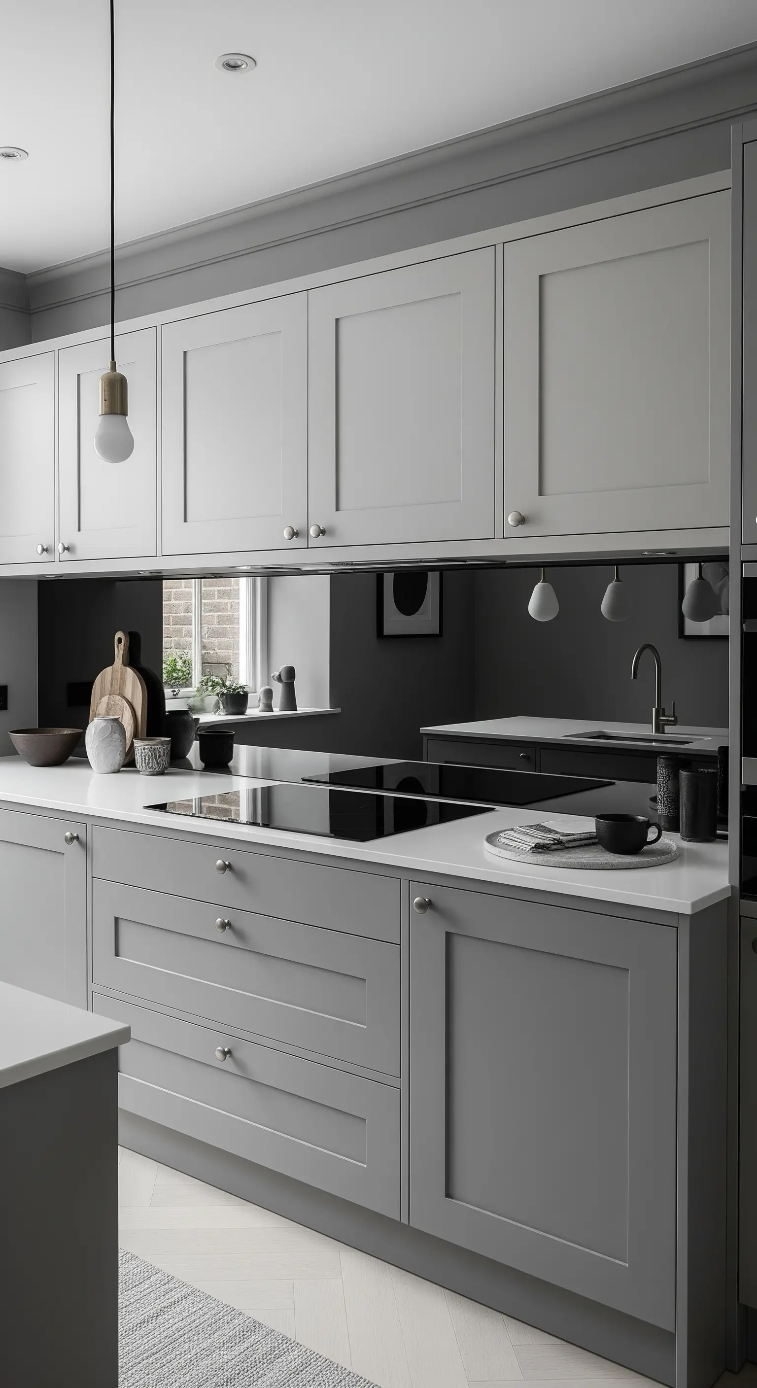Cucina grigia in stile shaker con un paraschizzi liscio in specchio fumé.