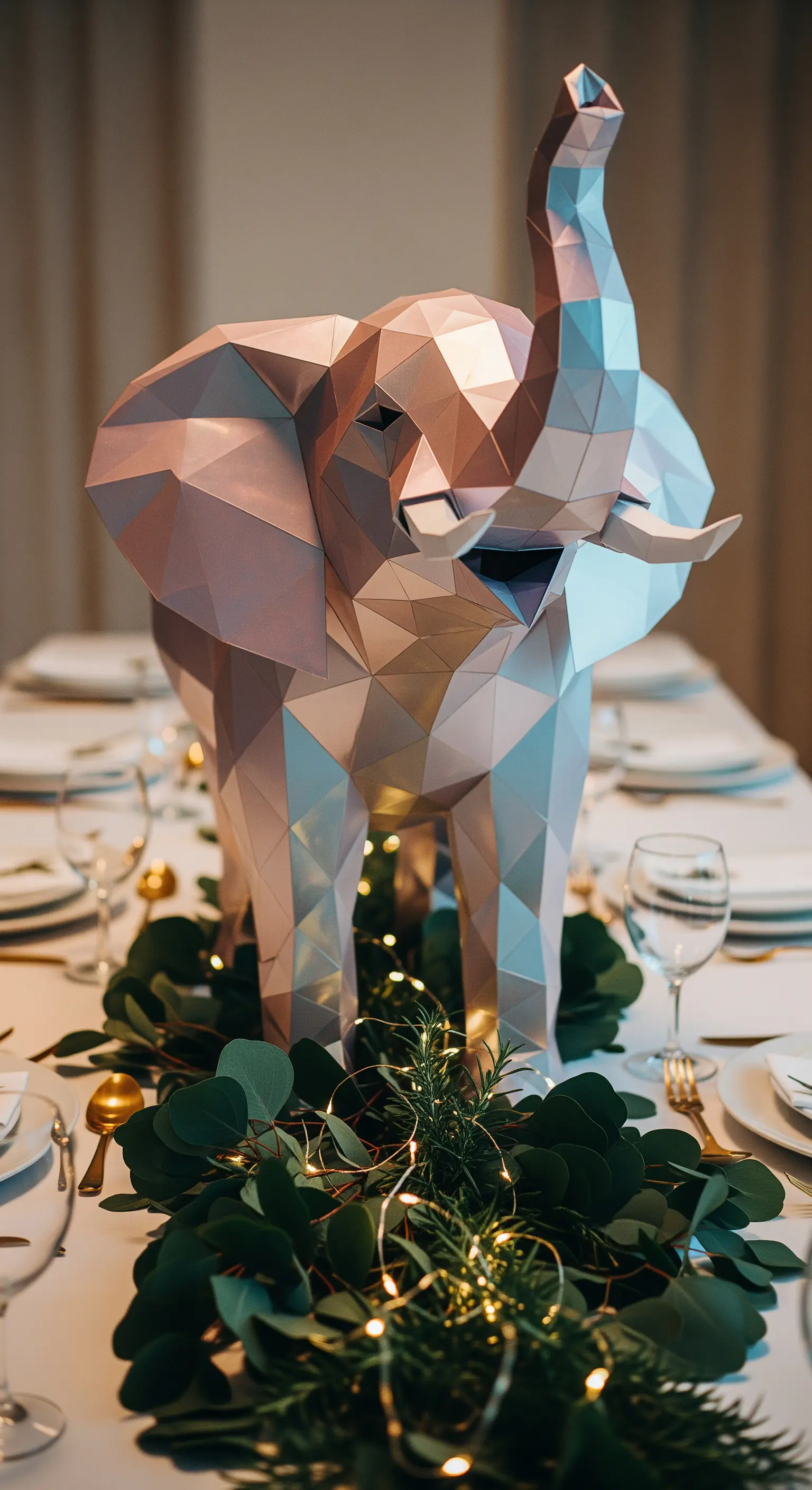 Centrotavola con elefante di carta geometrico color rame, circondato da eucalipto e lucine.