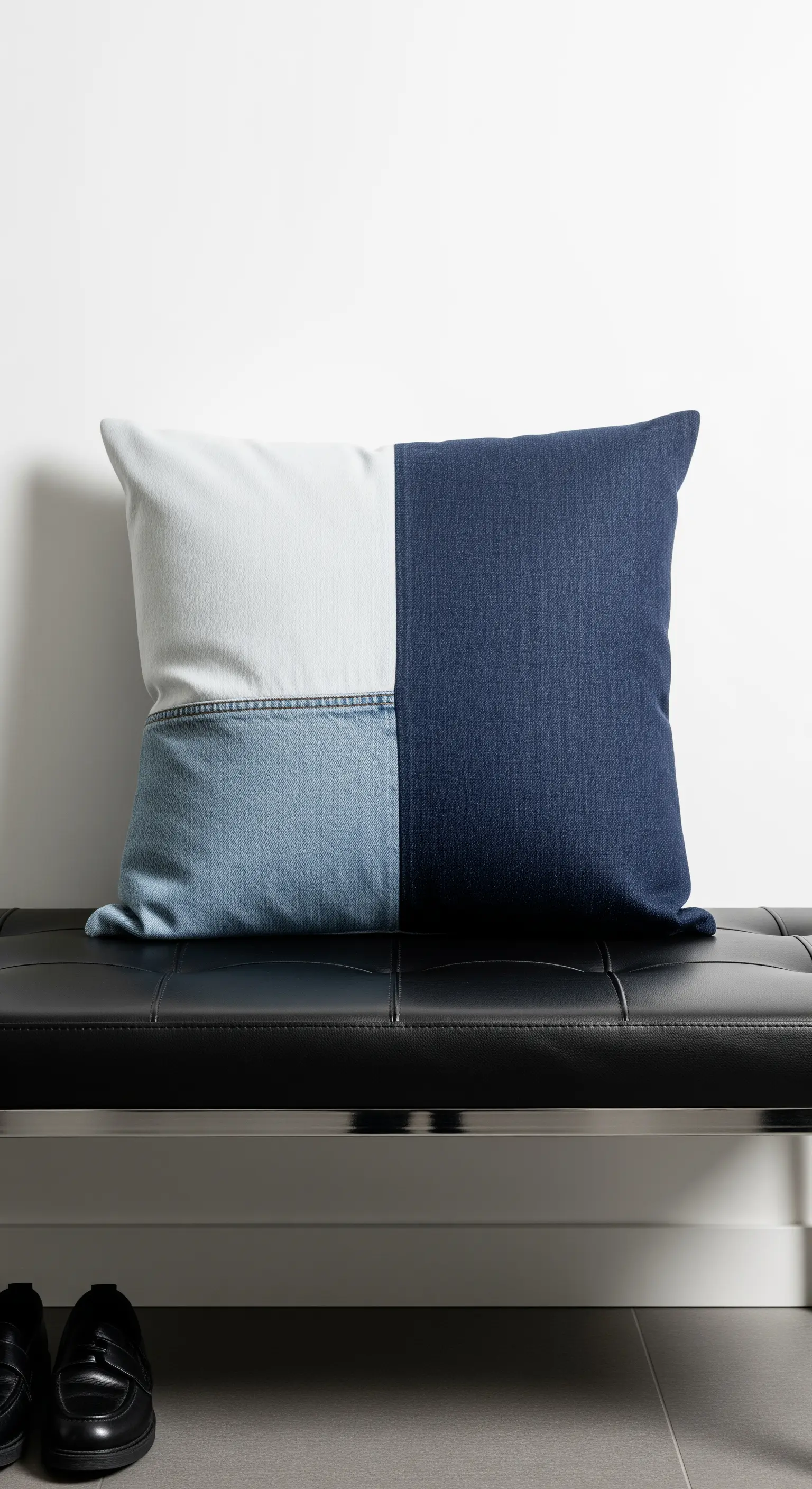 Cuscino diviso in quattro quadranti di colore diverso: bianco, azzurro e due tonalità di denim.