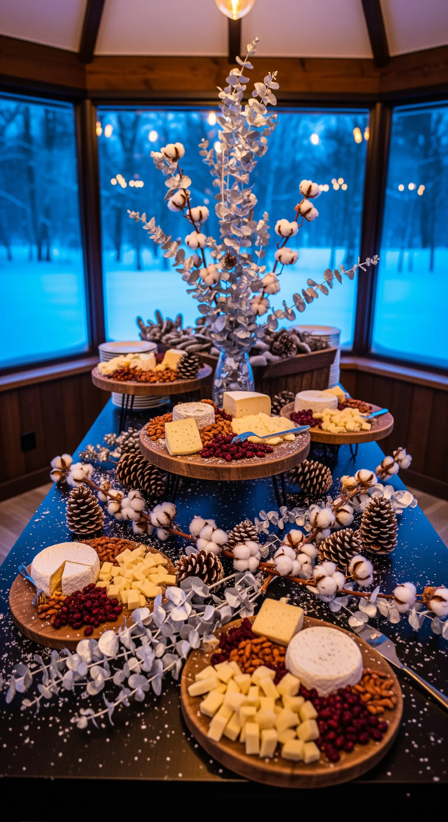 Tavolo da buffet invernale con formaggi, pigne e fiori di cotone davanti a una finestra innevata.