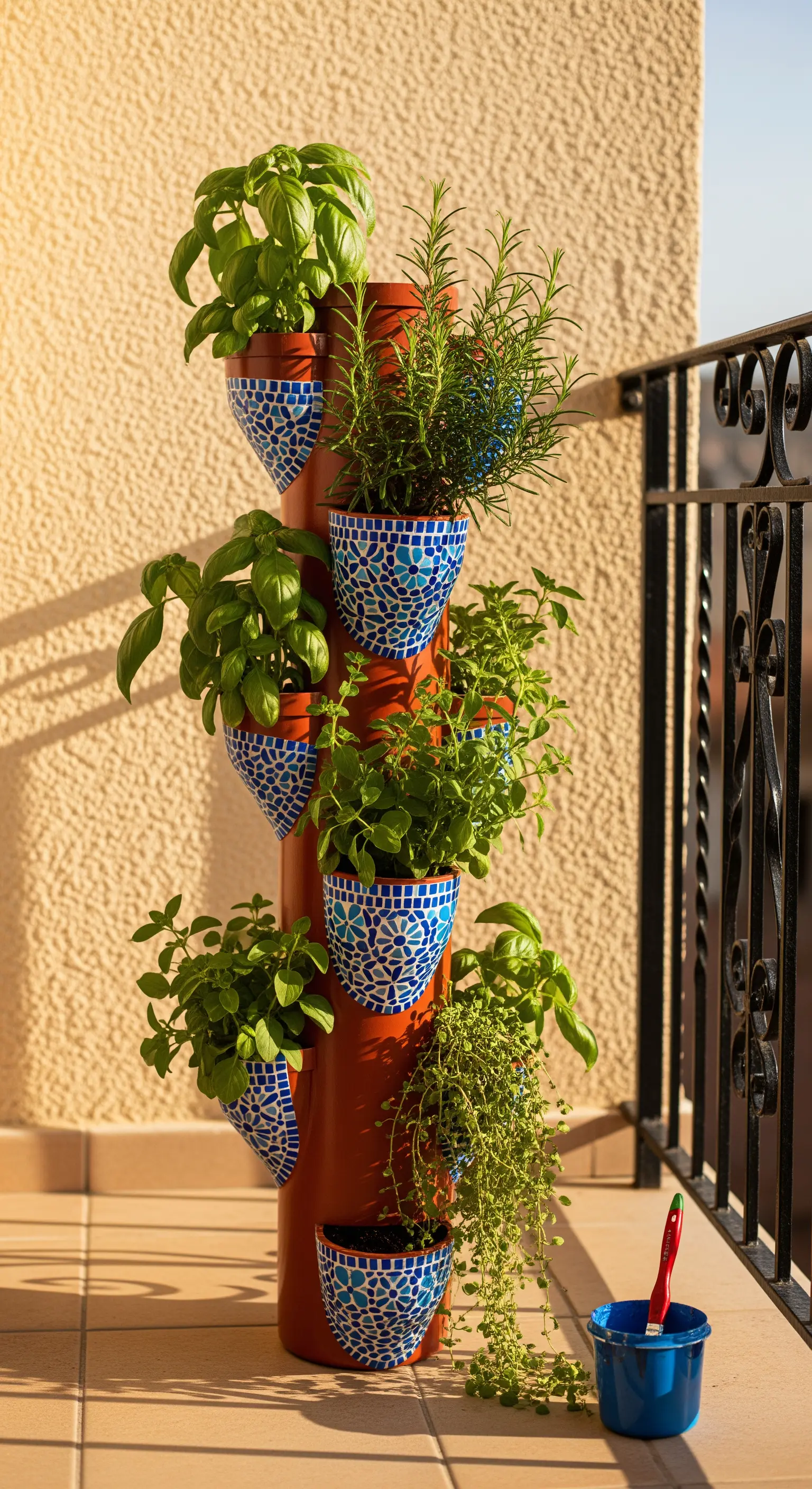 Fioriera verticale in PVC color terracotta con vasetti decorati a mosaico blu.