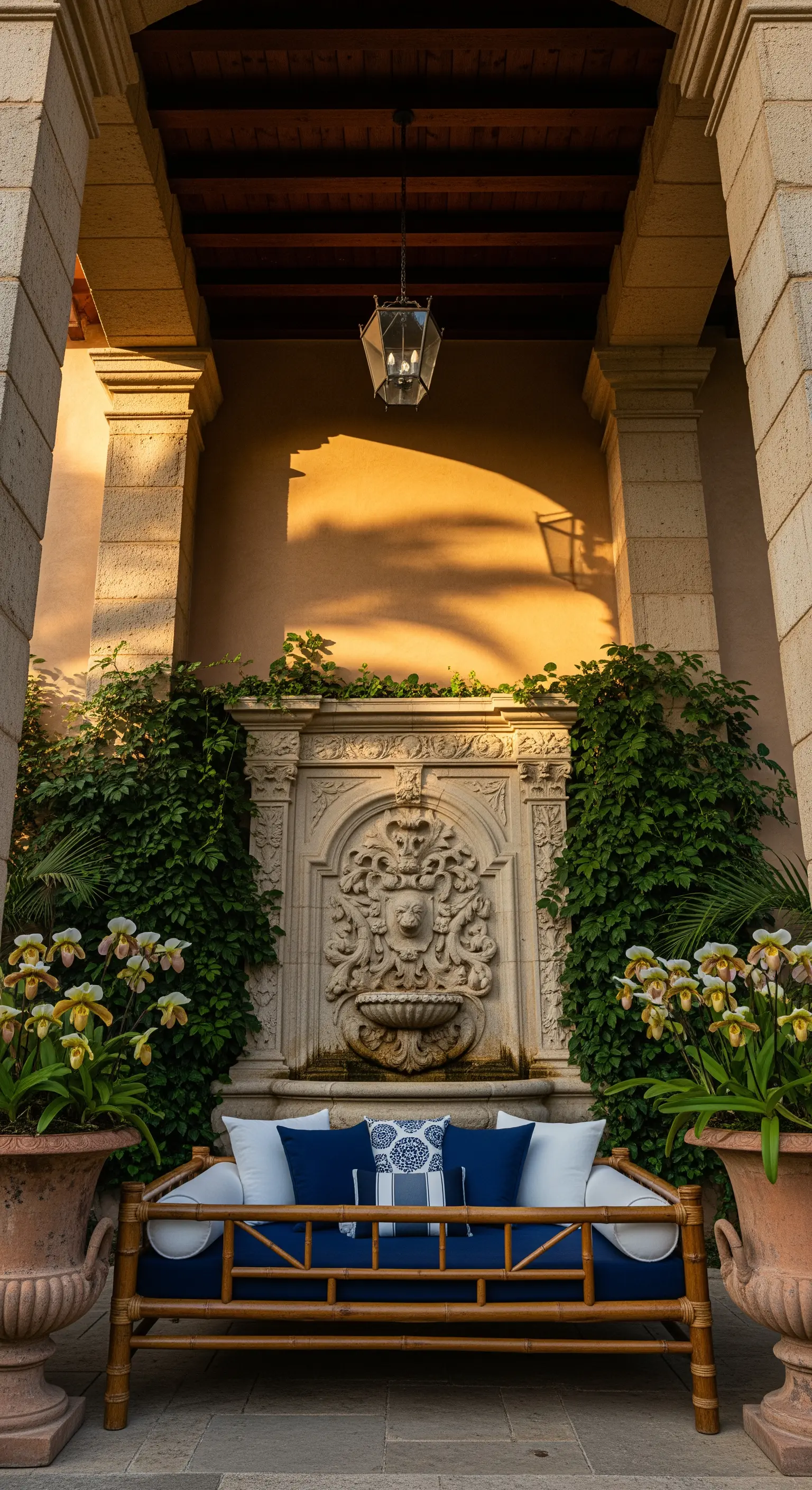 Cortile con colonne in pietra, fontana scolpita e divano in bambù con cuscini blu.