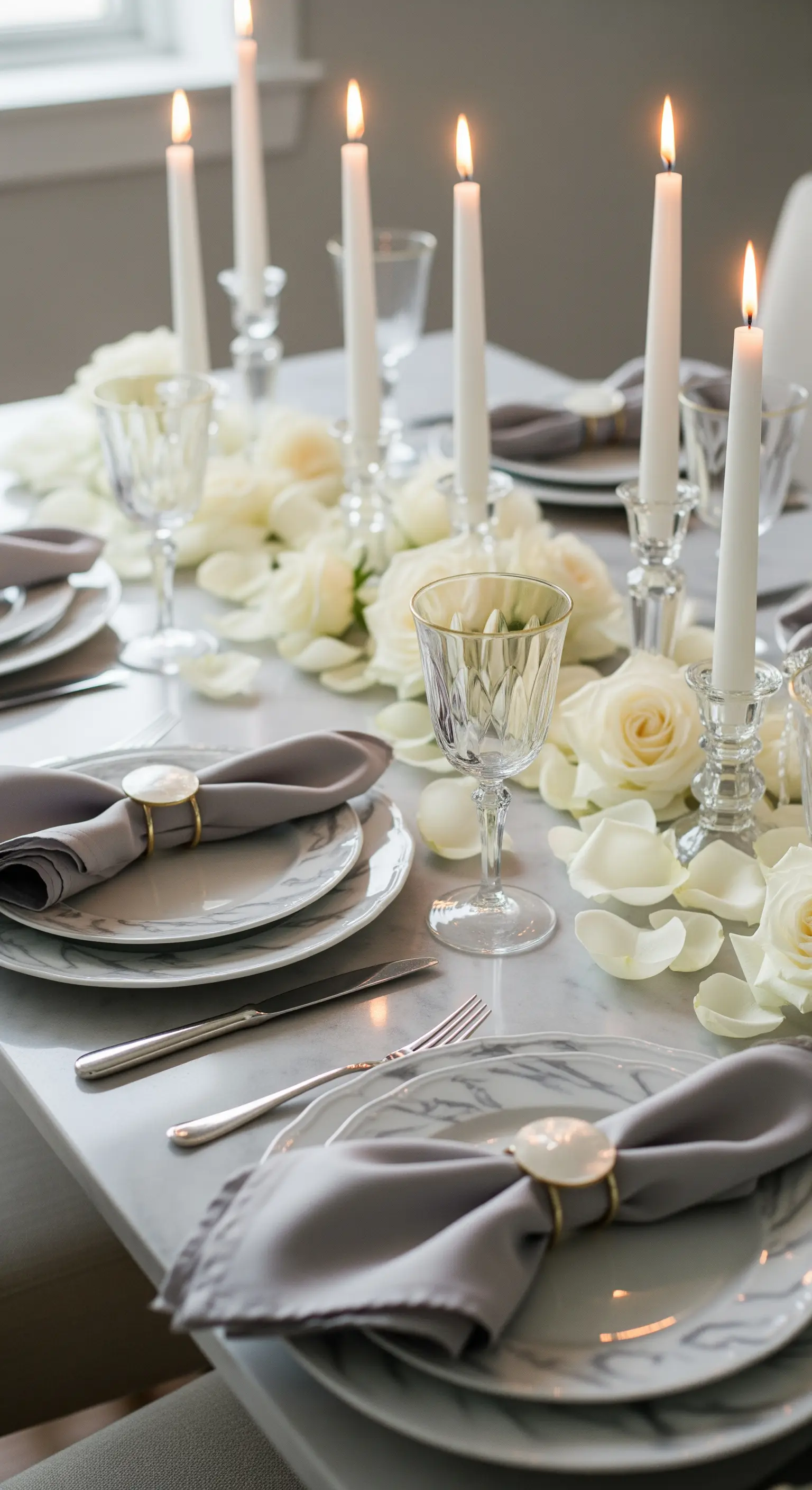Tavola total white con runner di rose bianche, piatti texturizzati e candelabri in vetro
